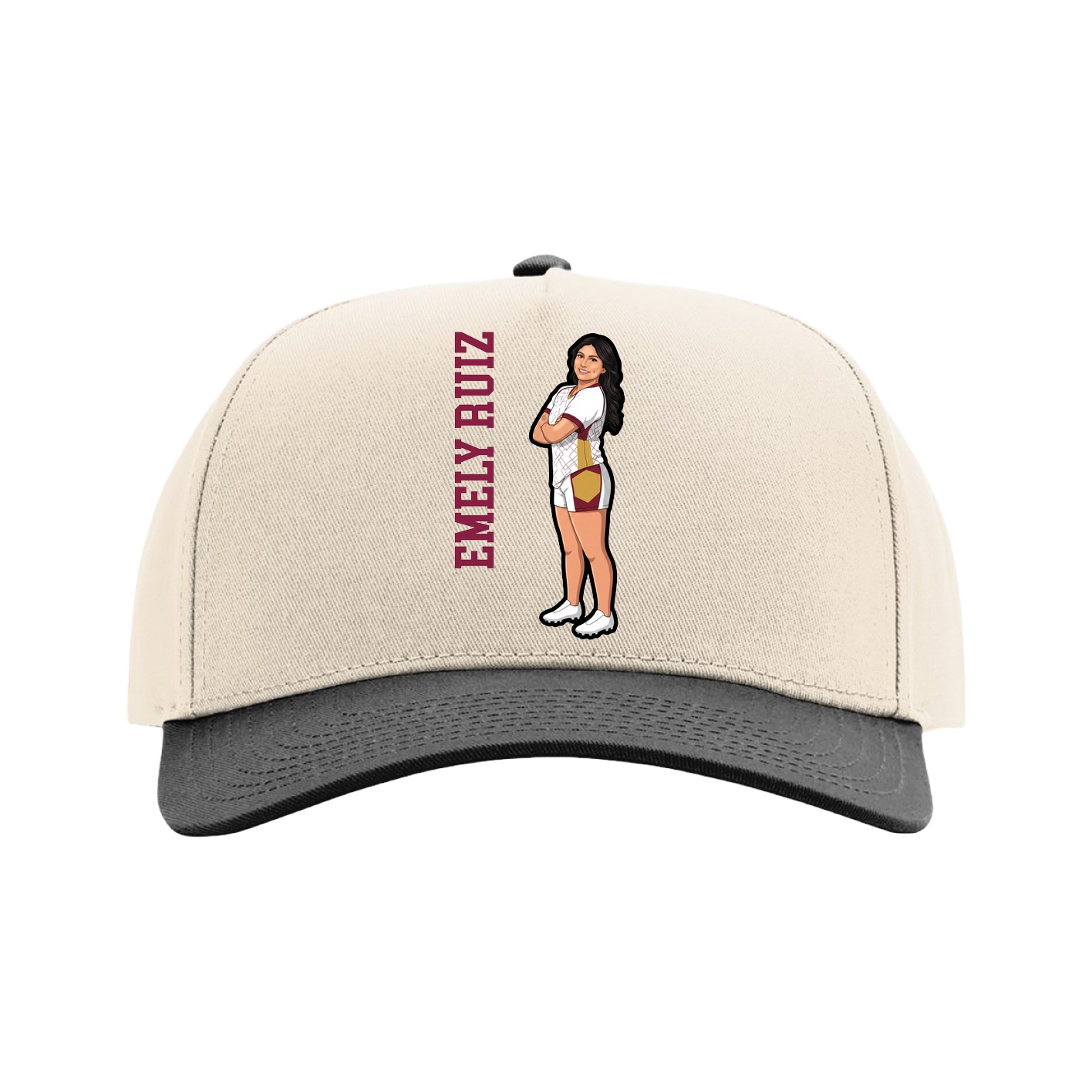 Full Fabric Five-Panel Champ Cap — Name Vertical in Cream/Black