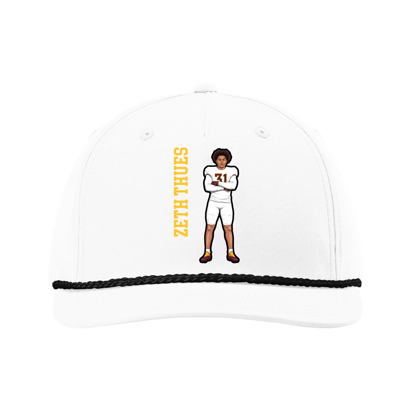 Five-Panel Classic Rope Cap — Name Vertical in White