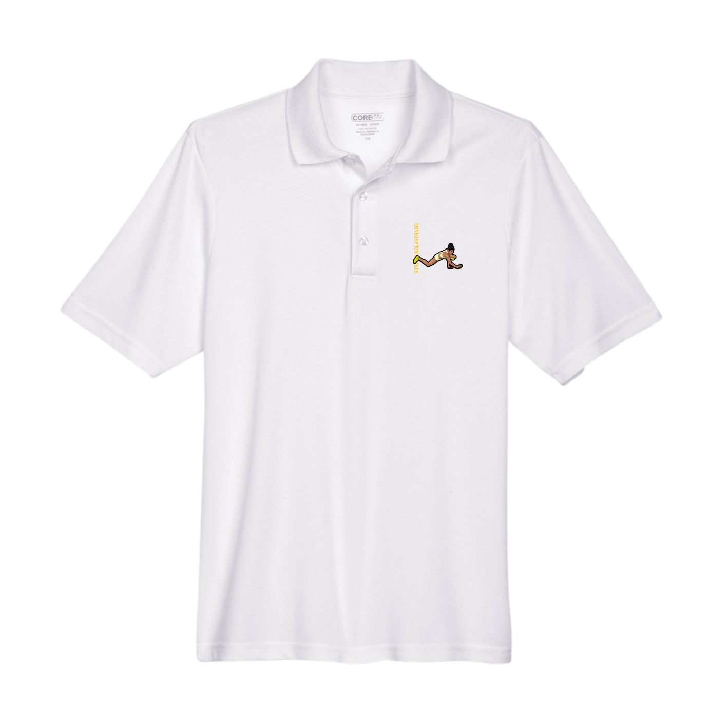 Performance Polo — Name Vertical in White
