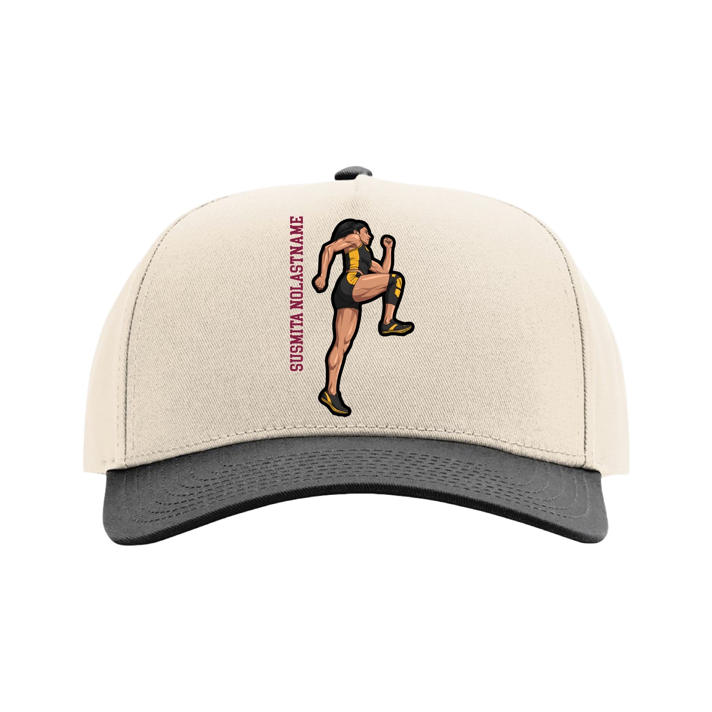 Full Fabric Five-Panel Champ Cap — Name Vertical in Cream/Black