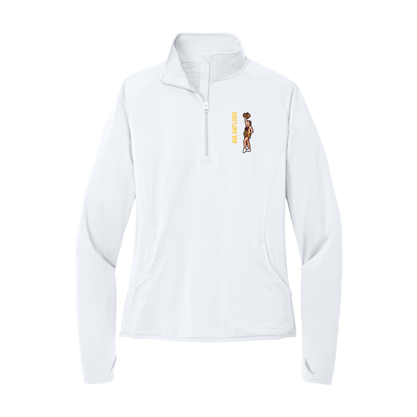Women's Q-Zip Pullover — Name Vertical in White
