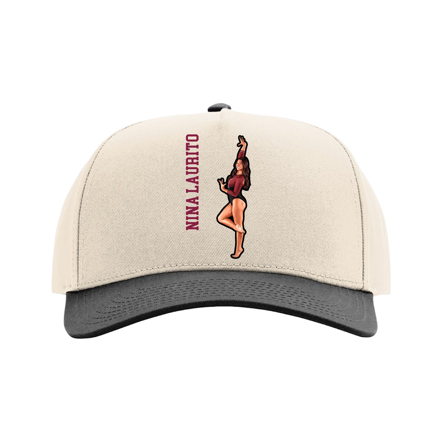 Full Fabric Five-Panel Champ Cap — Name Vertical in Cream/Black