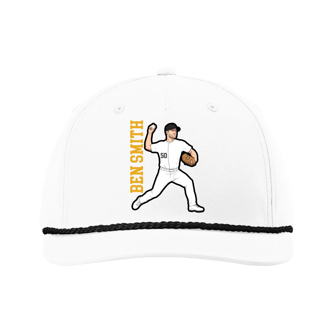 Five-Panel Classic Rope Cap — Name Vertical in White