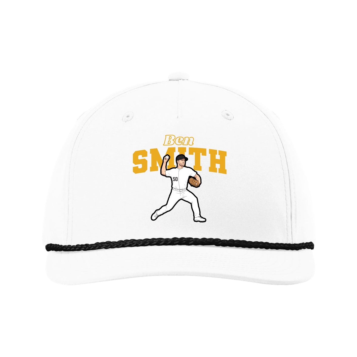 Five-Panel Classic Rope Cap — Name Arch in White