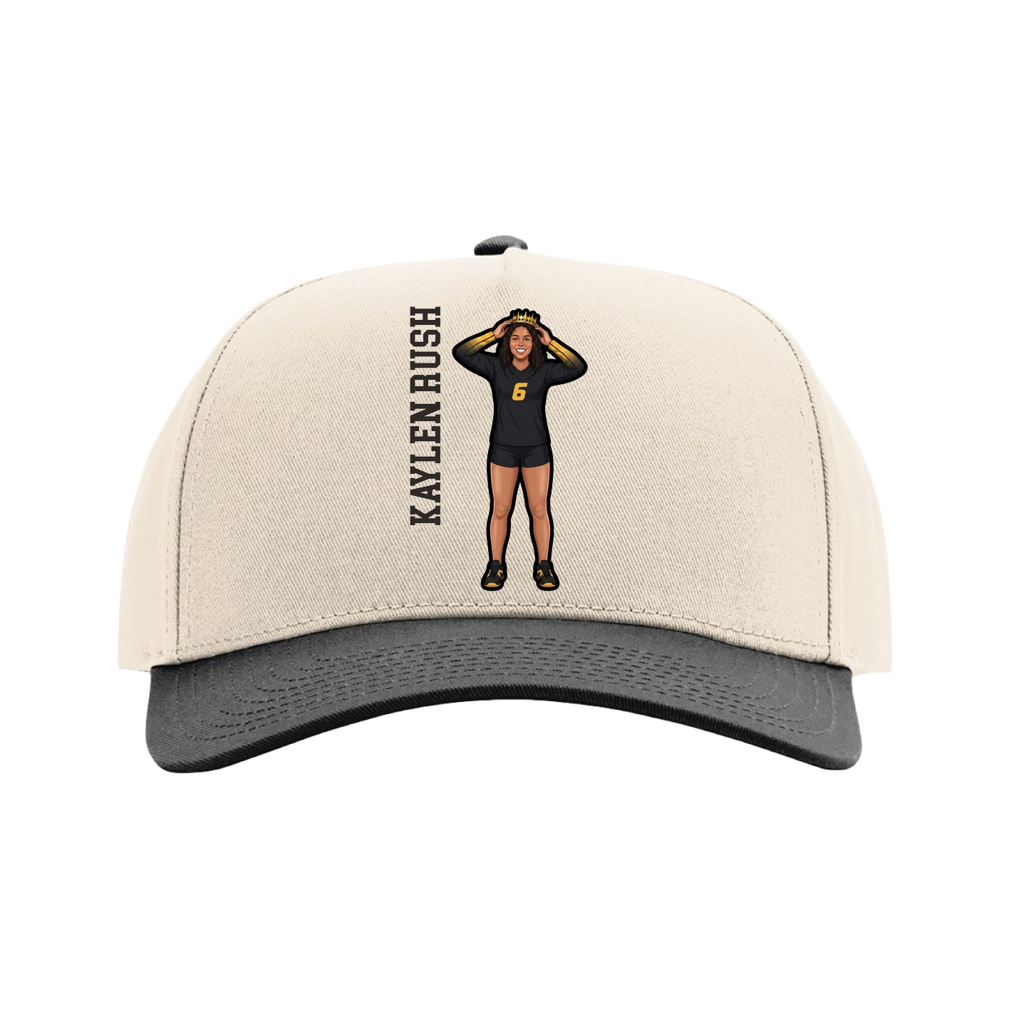 Full Fabric Five-Panel Champ Cap — Name Vertical in Cream/Black
