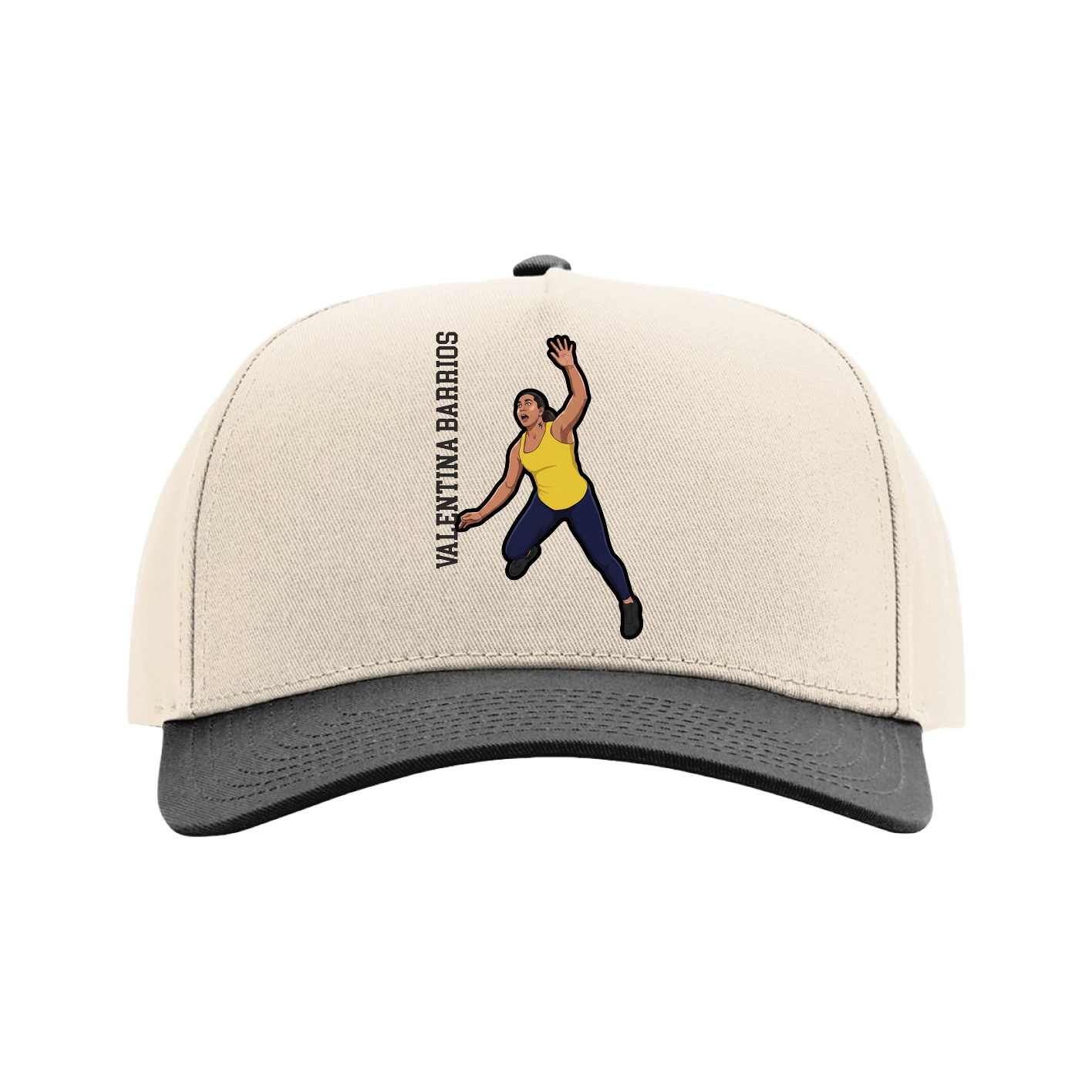 Full Fabric Five-Panel Champ Cap — Name Vertical in Cream/Black