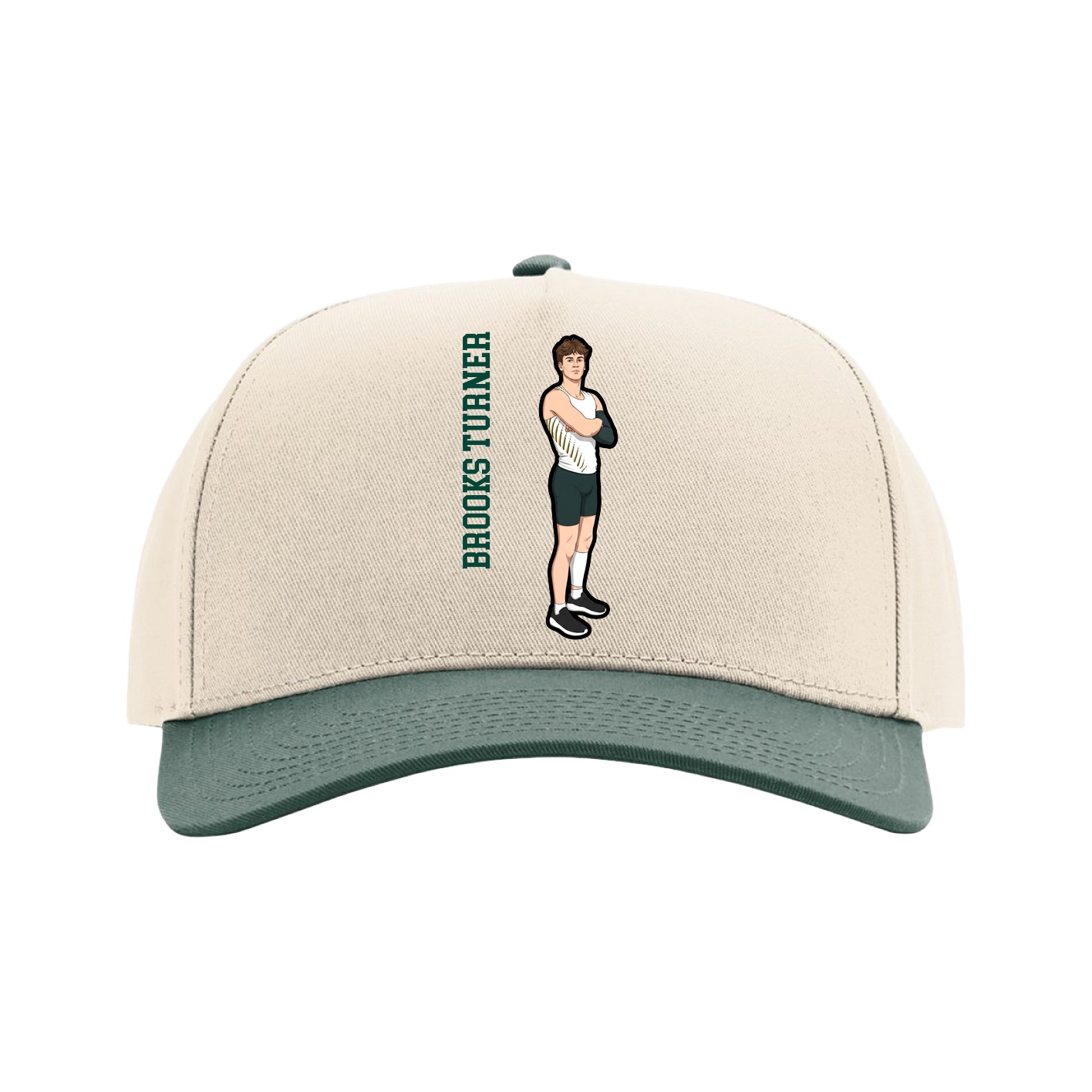 Full Fabric Five-Panel Champ Cap — Name Vertical in Cream/Green