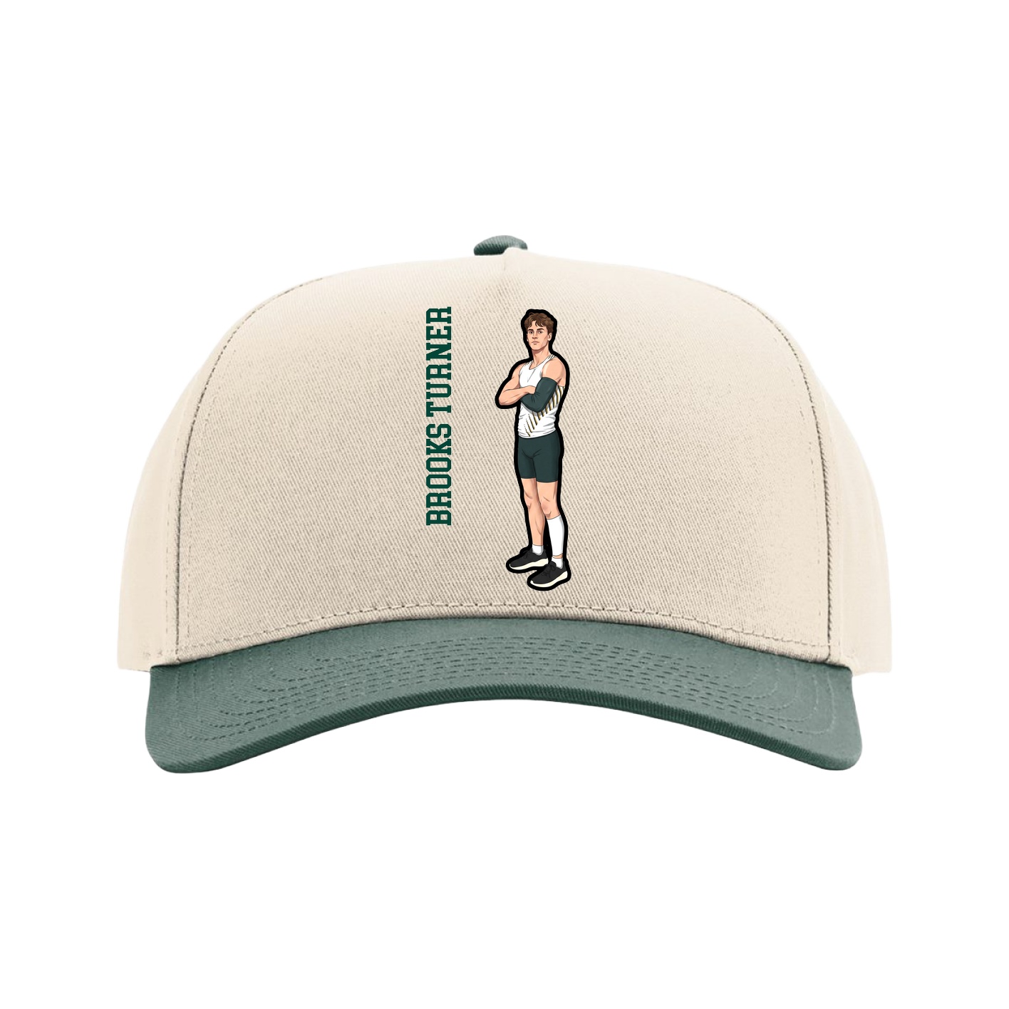 Full Fabric Five-Panel Champ Cap — Name Vertical in Cream/Green