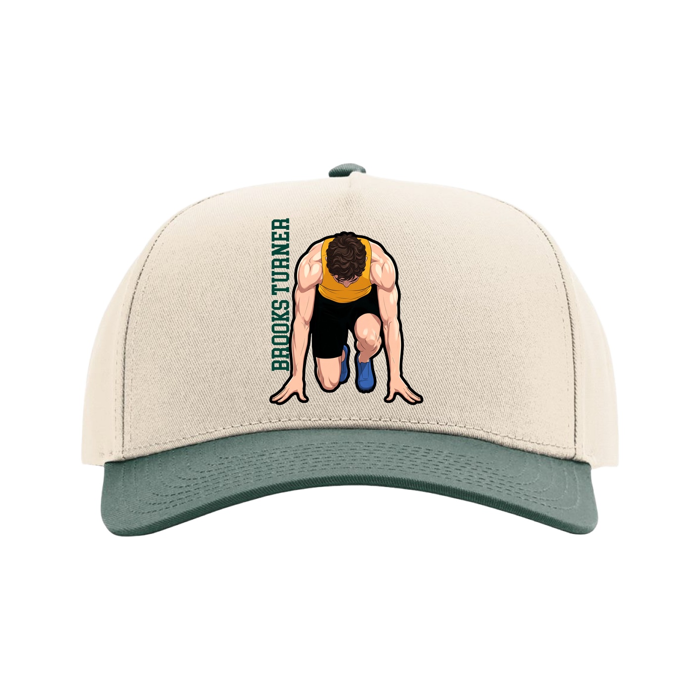 Full Fabric Five-Panel Champ Cap — Name Vertical in Cream/Green