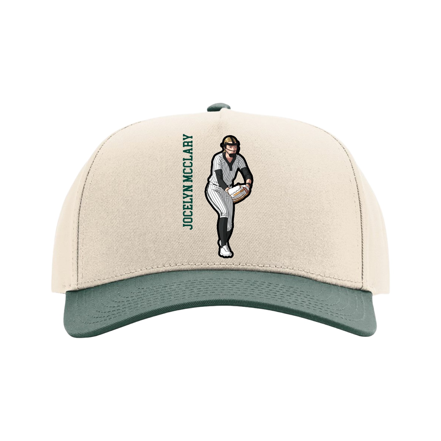 Full Fabric Five-Panel Champ Cap — Name Vertical in Cream/Green