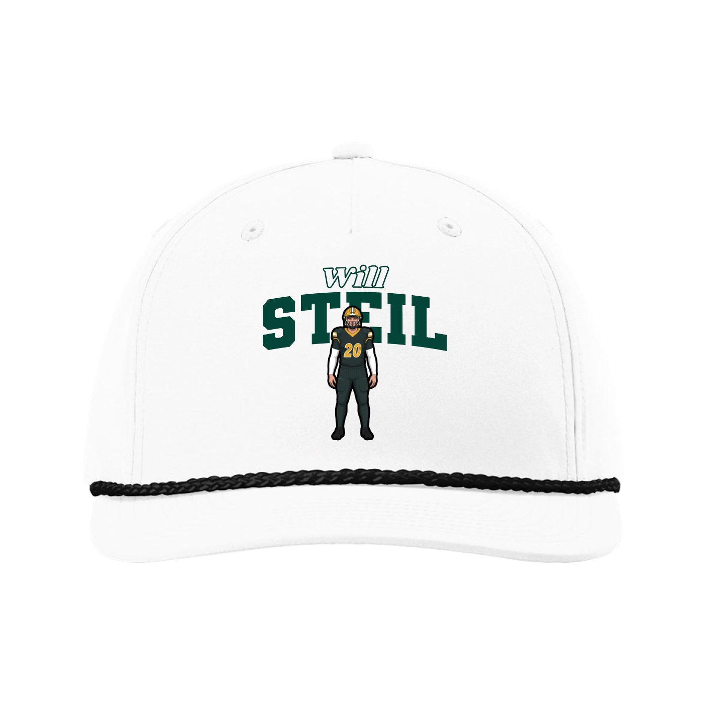 Five-Panel Classic Rope Cap — Name Arch in White