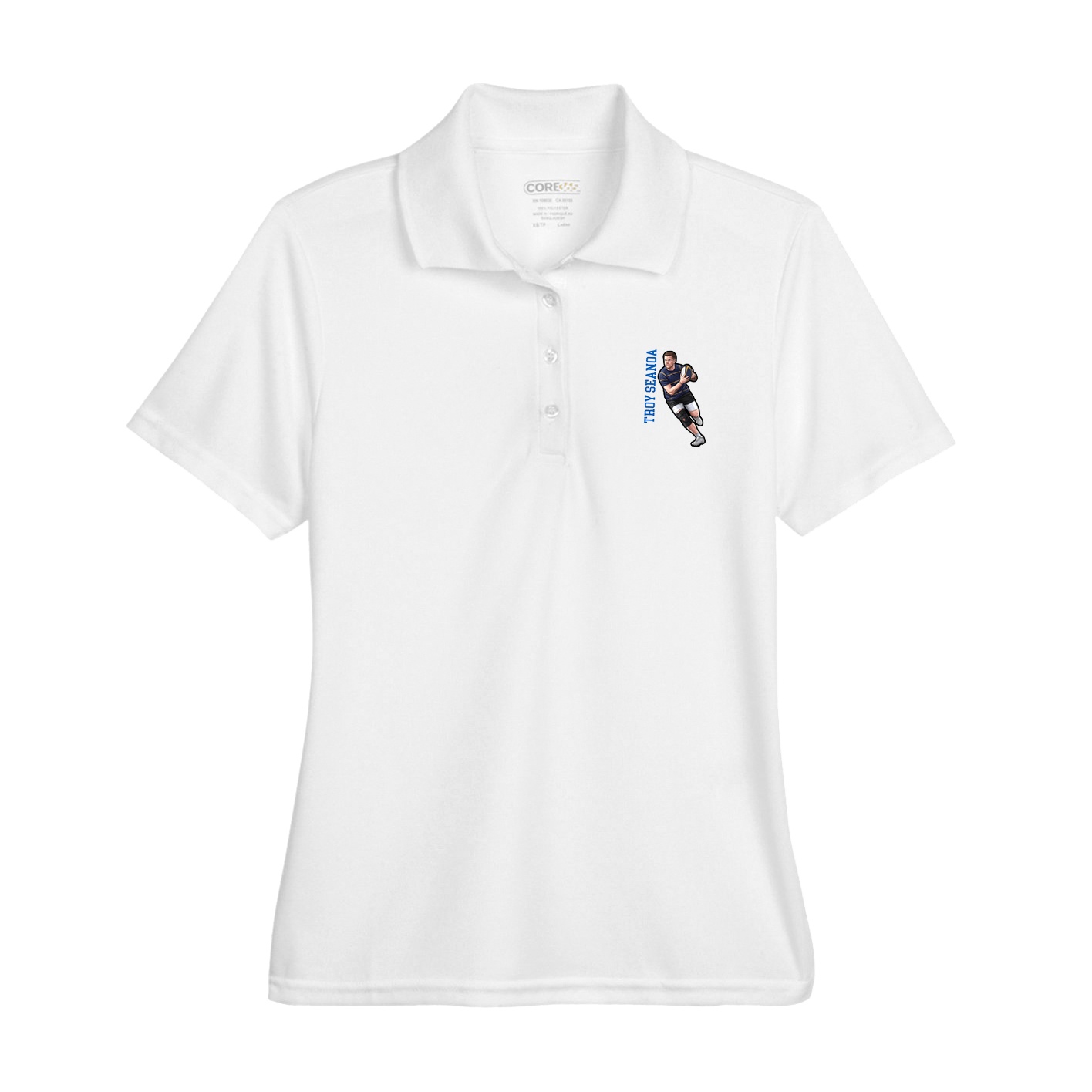 Womens Performance Polo — Name Vertical in White