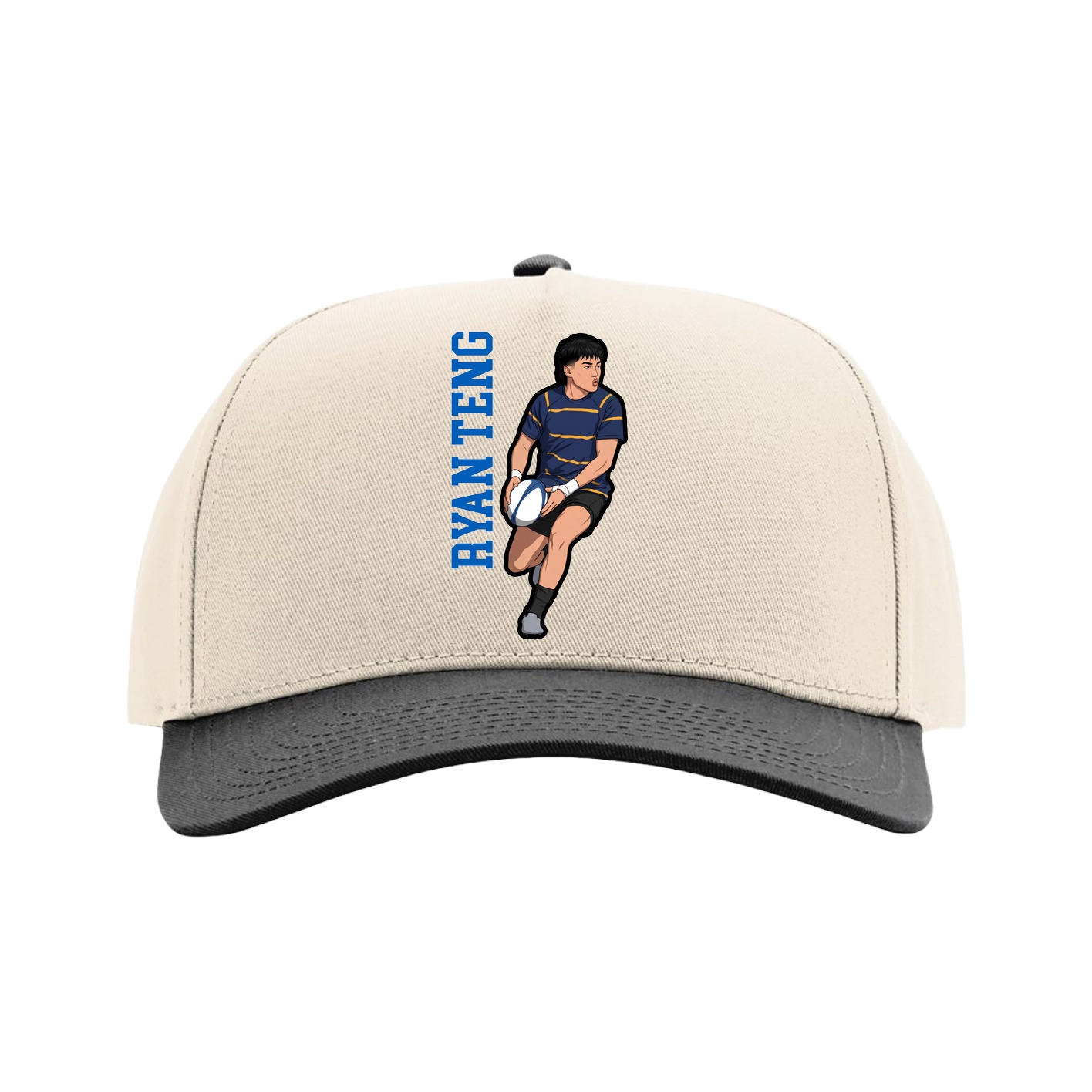 Full Fabric Five-Panel Champ Cap — Name Vertical in Cream/Black