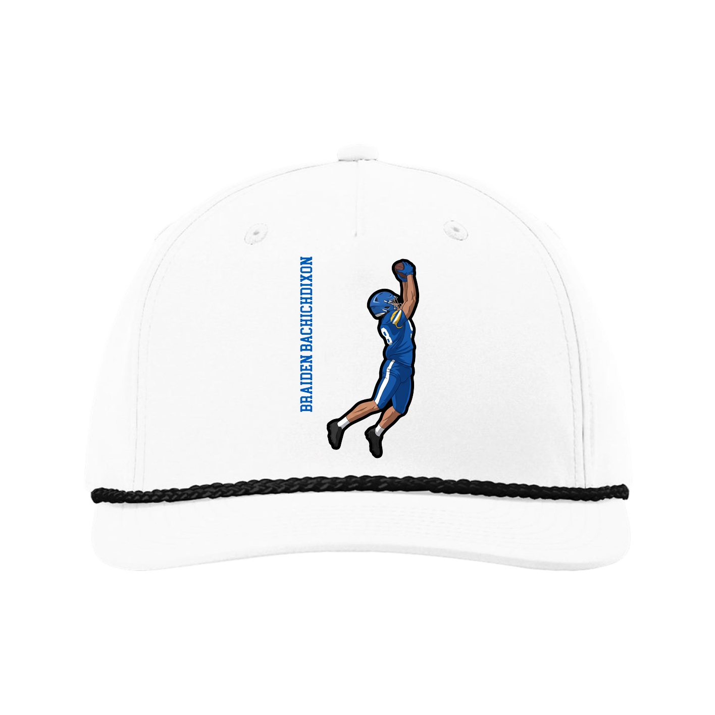 Five-Panel Classic Rope Cap — Name Vertical in White