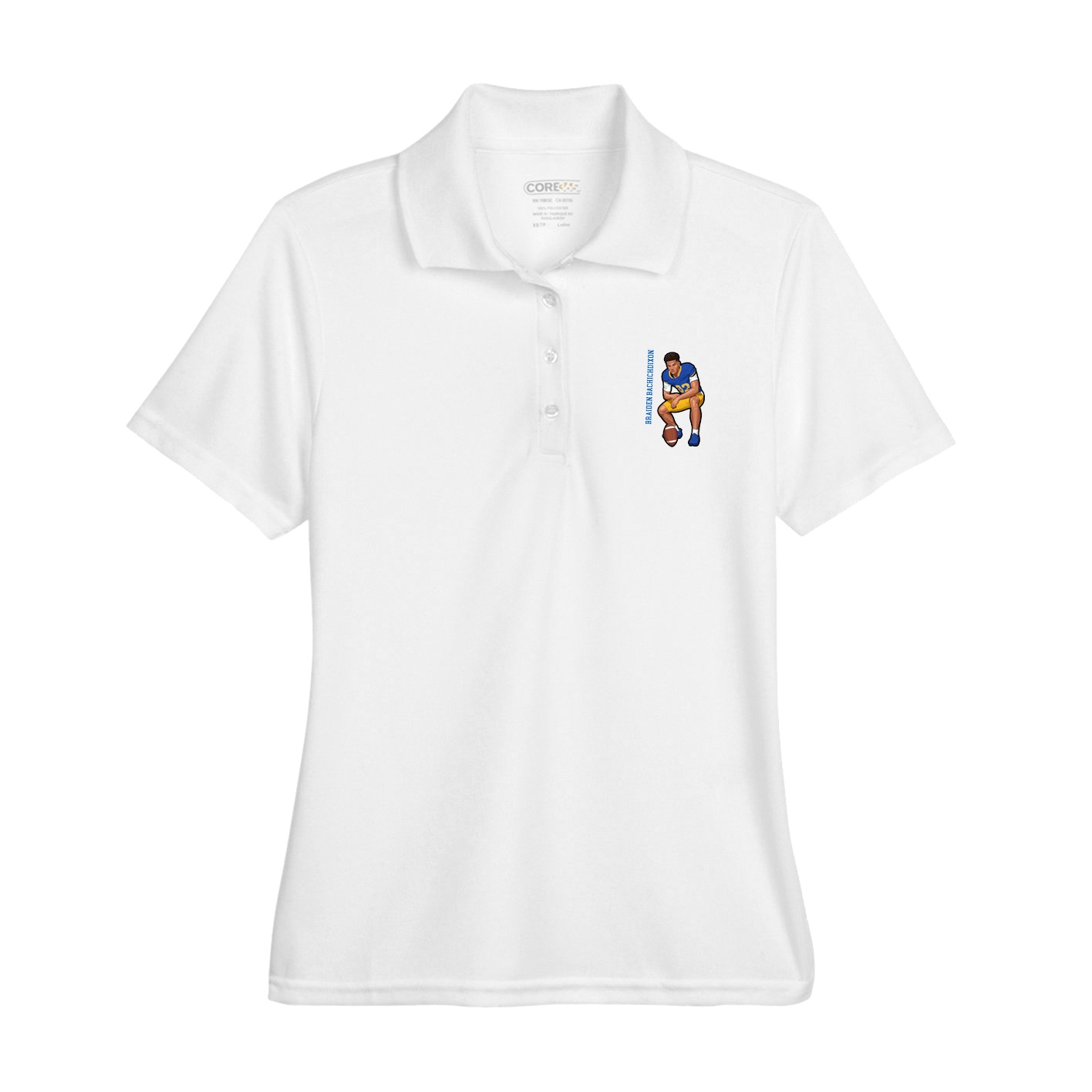 Womens Performance Polo — Name Vertical in White