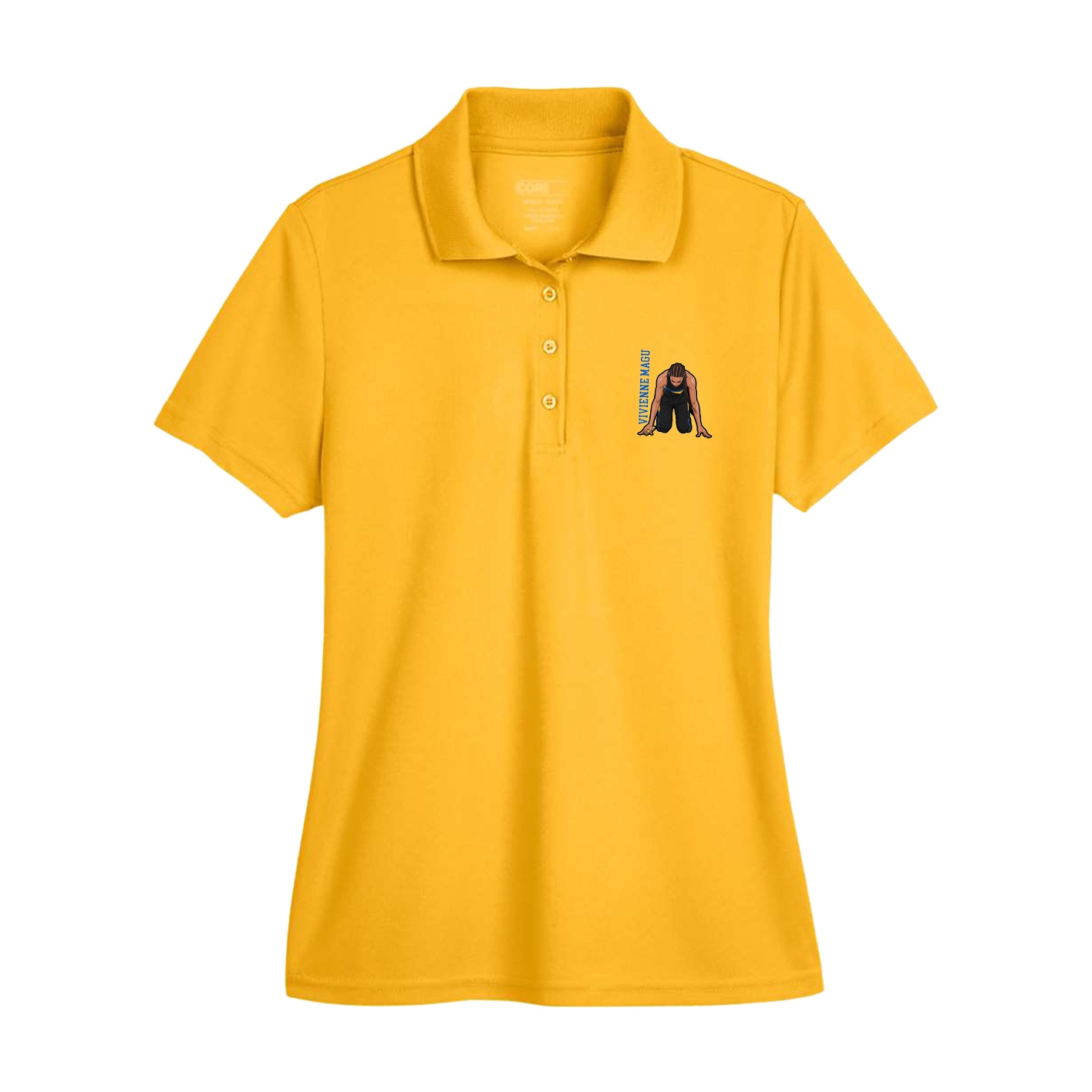 Womens Performance Polo — Name Vertical in Gold
