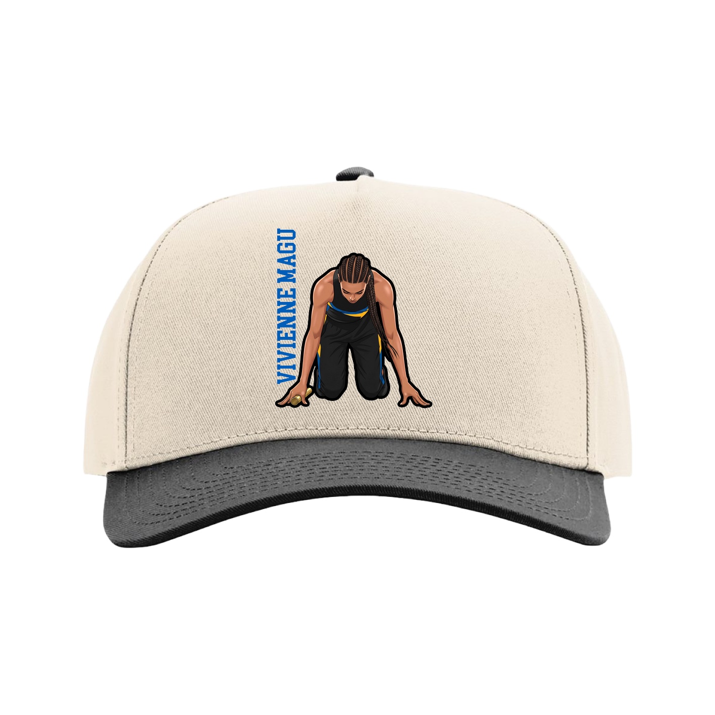 Full Fabric Five-Panel Champ Cap — Name Vertical in Cream/Black