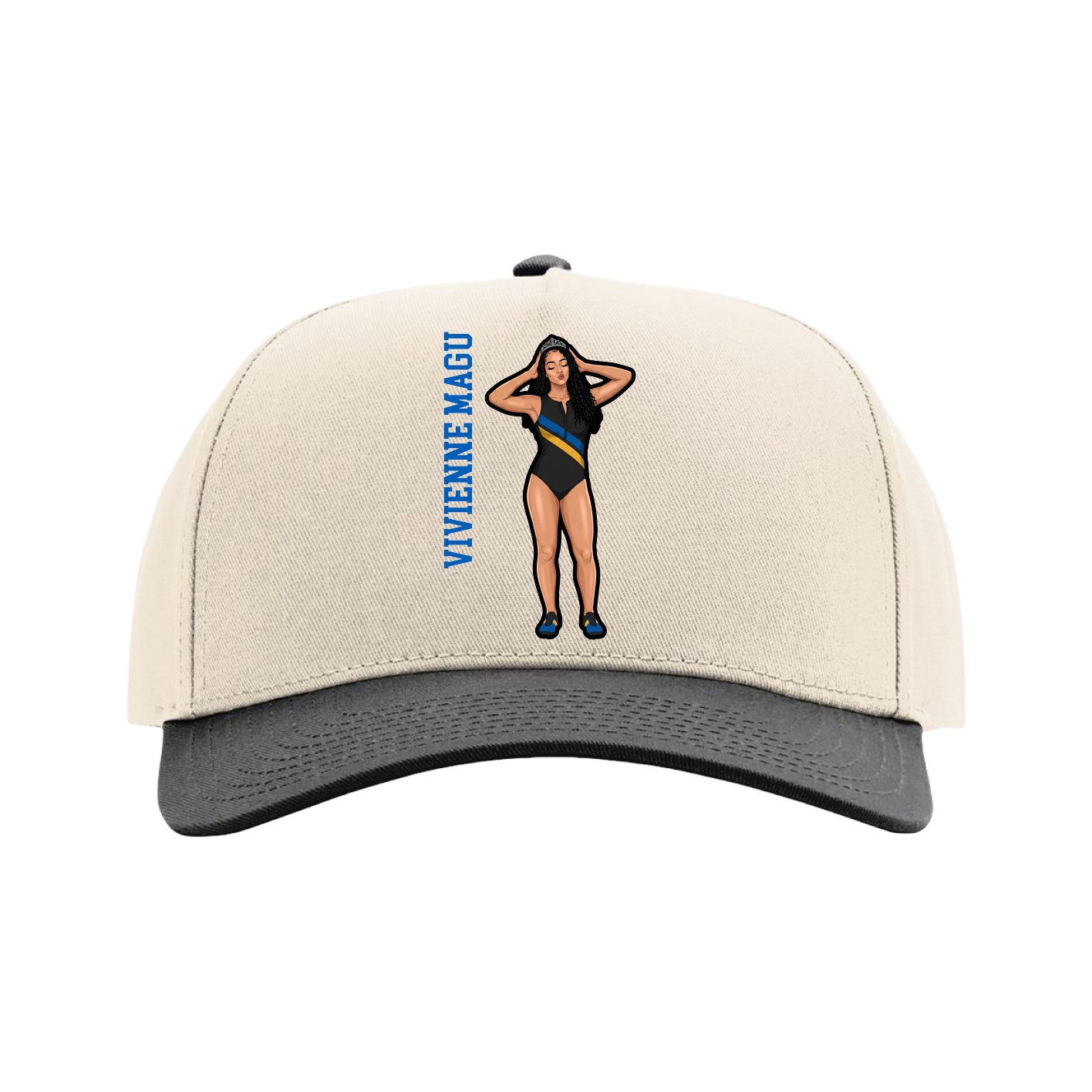 Full Fabric Five-Panel Champ Cap — Name Vertical in Cream/Black