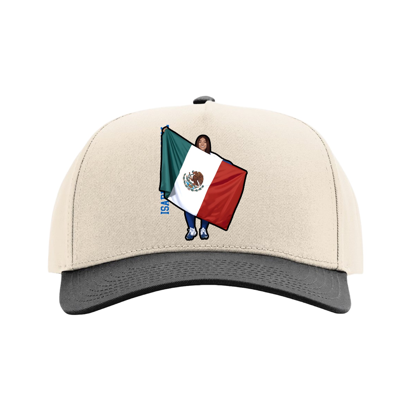 Full Fabric Five-Panel Champ Cap — Name Vertical in Cream/Black