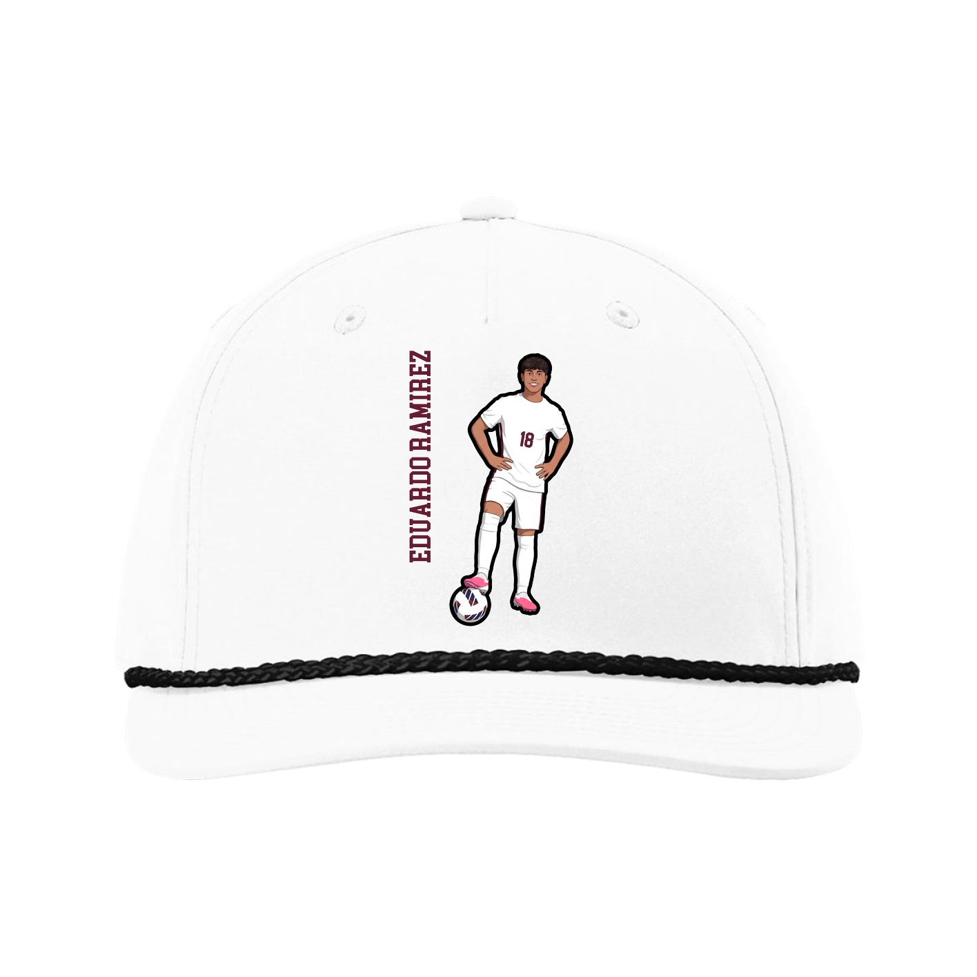 Five-Panel Classic Rope Cap — Name Vertical in White