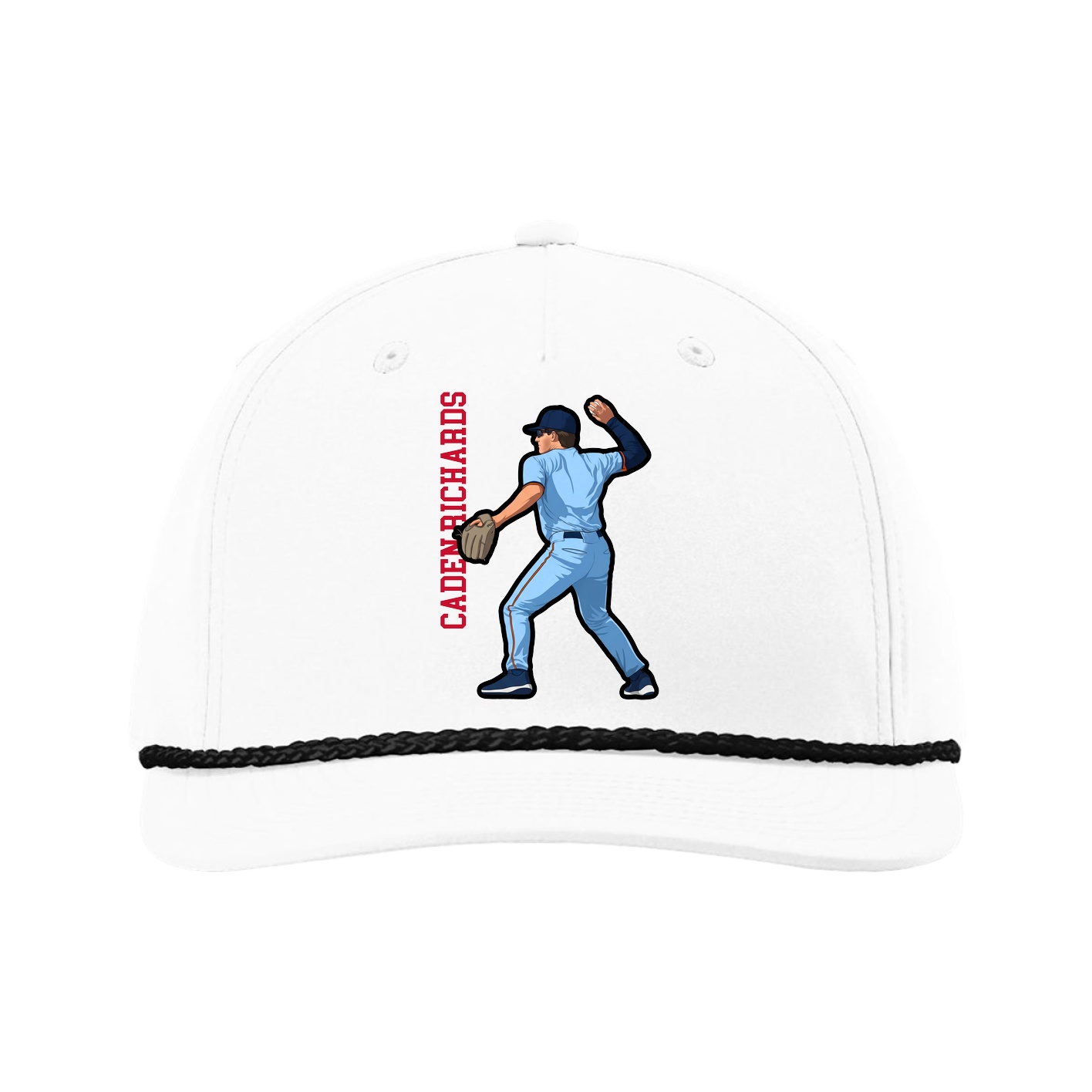 Five-Panel Classic Rope Cap — Name Vertical in White