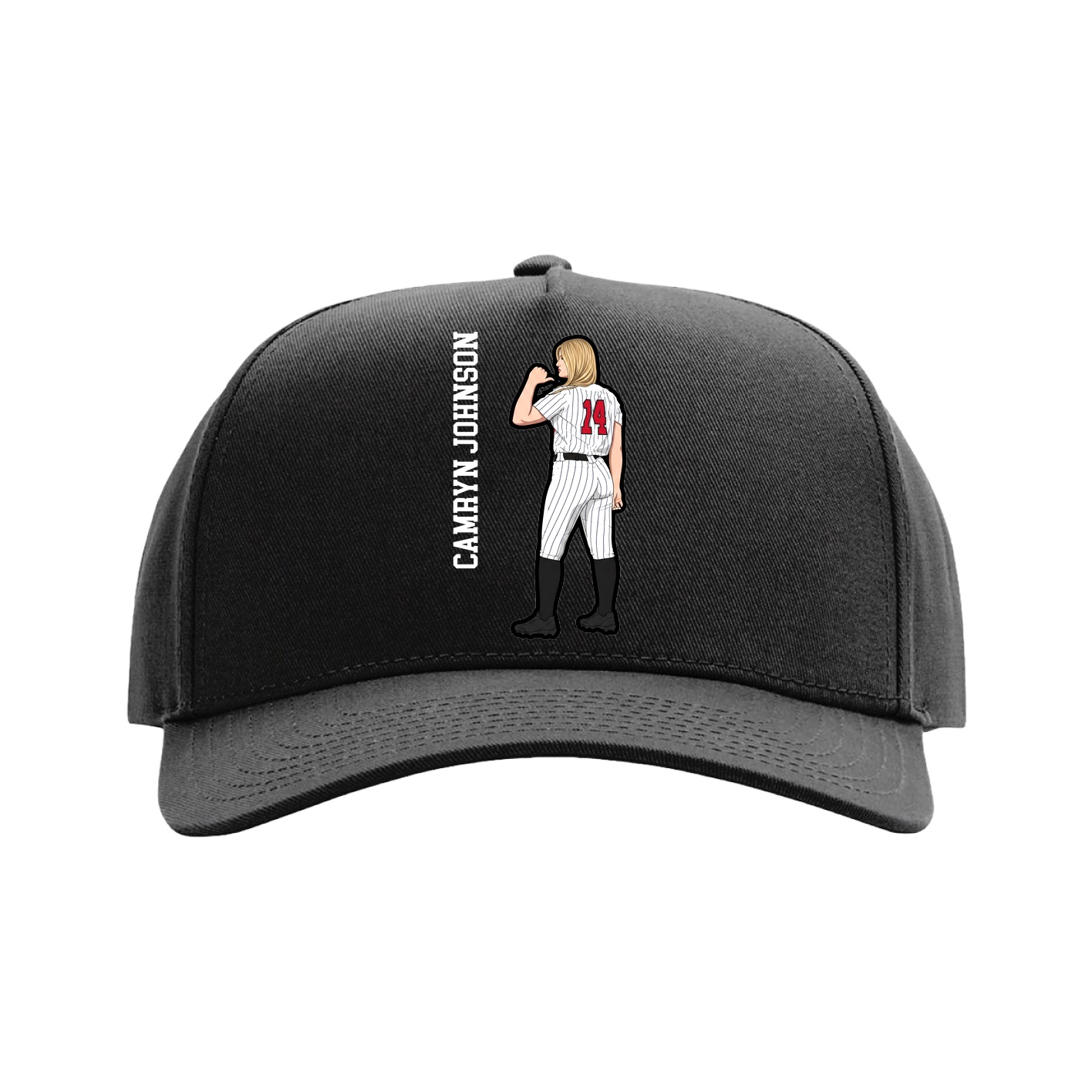 Full Fabric Five-Panel Champ Cap — Name Vertical in Black
