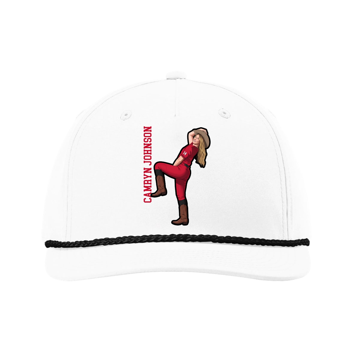 Five-Panel Classic Rope Cap — Name Vertical in White
