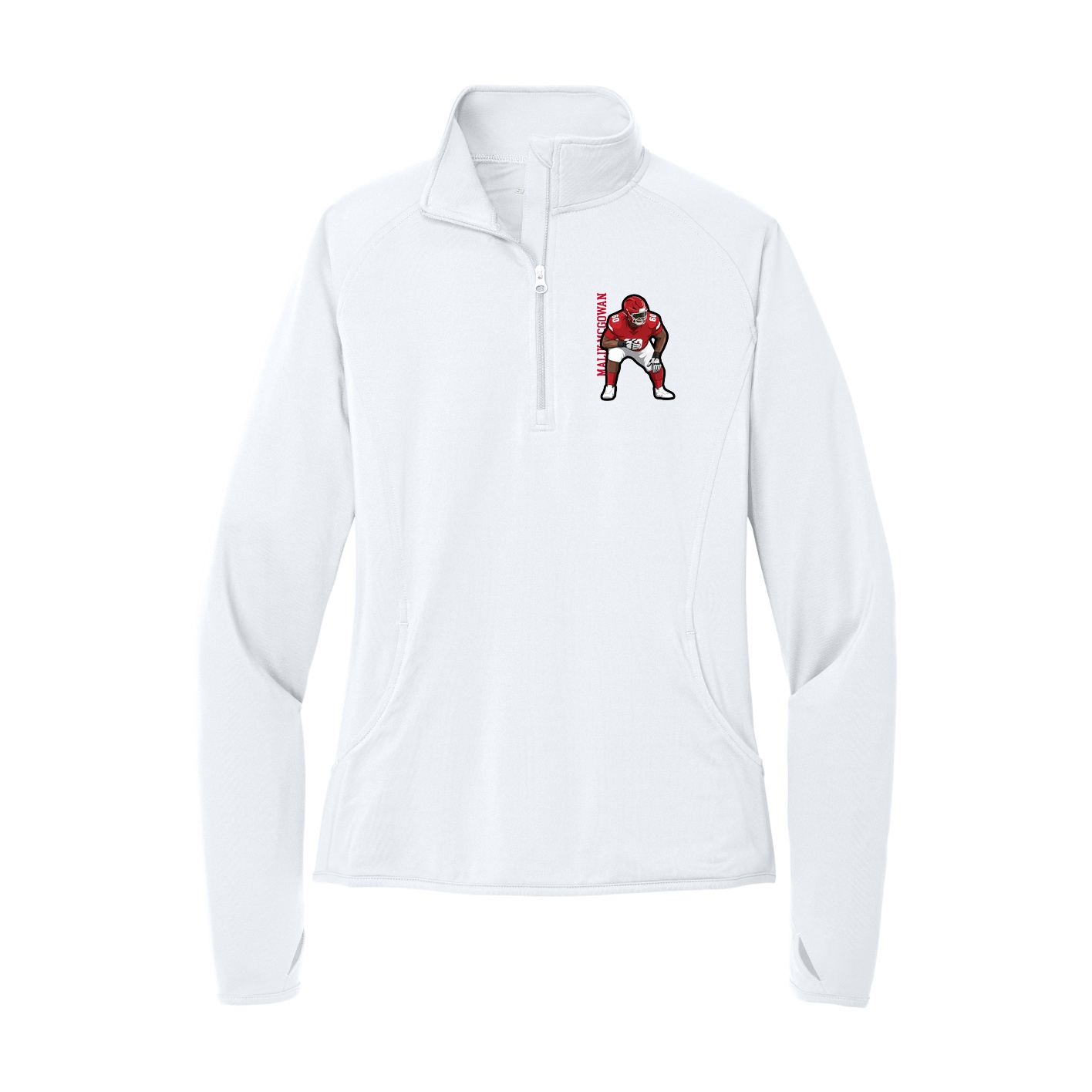 Women's Q-Zip Pullover — Name Vertical in White