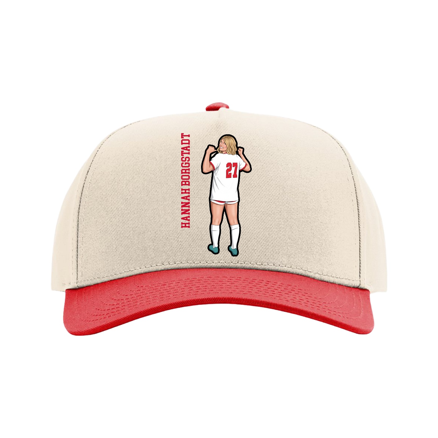 Full Fabric Five-Panel Champ Cap — Name Vertical in Cream/Red