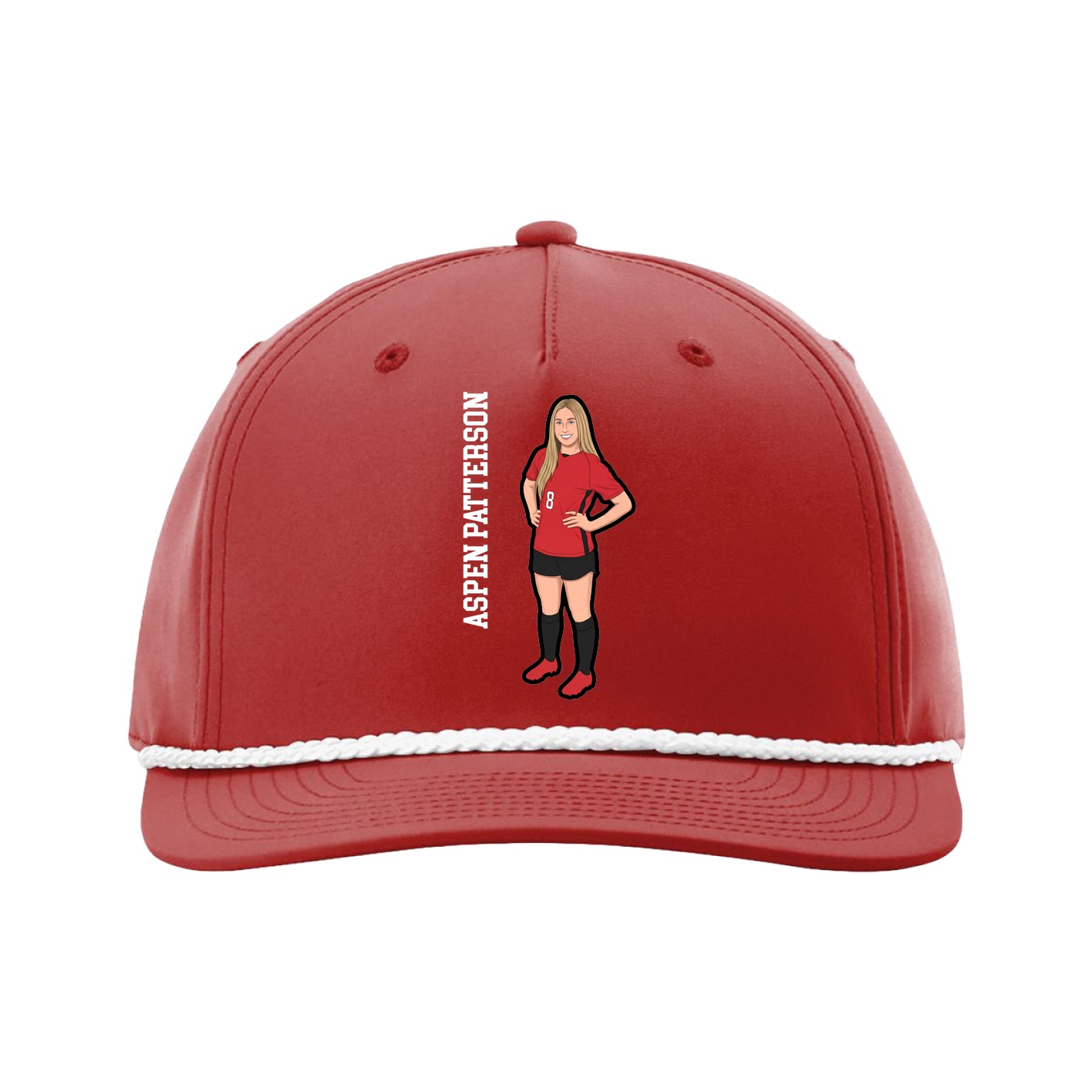 Five-Panel Classic Rope Cap — Name Vertical in Red