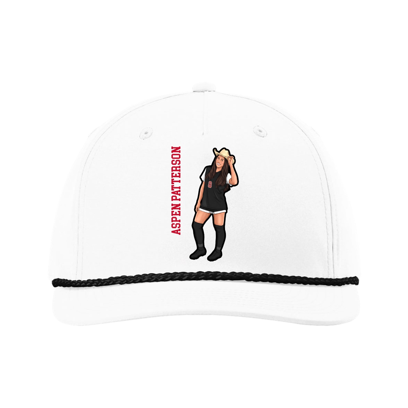 Five-Panel Classic Rope Cap — Name Vertical in White