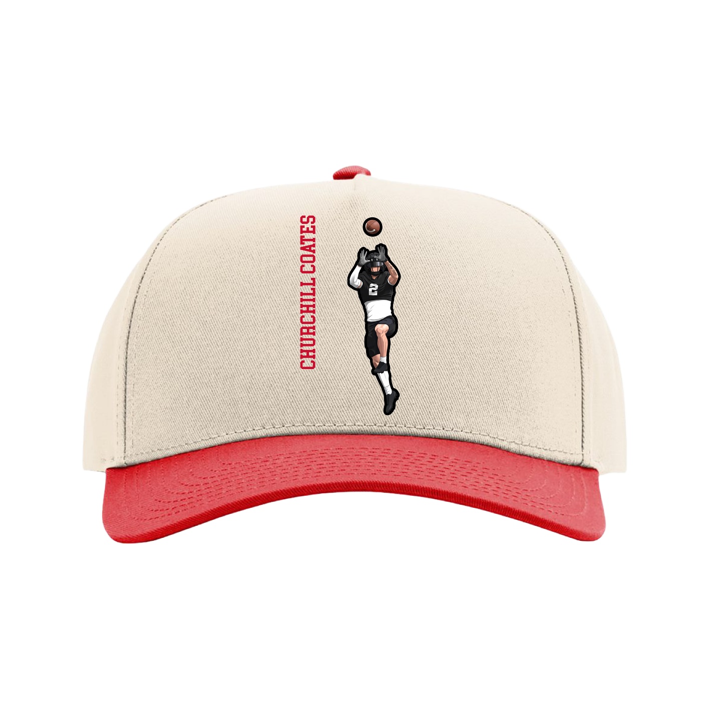 Full Fabric Five-Panel Champ Cap — Name Vertical in Cream/Red