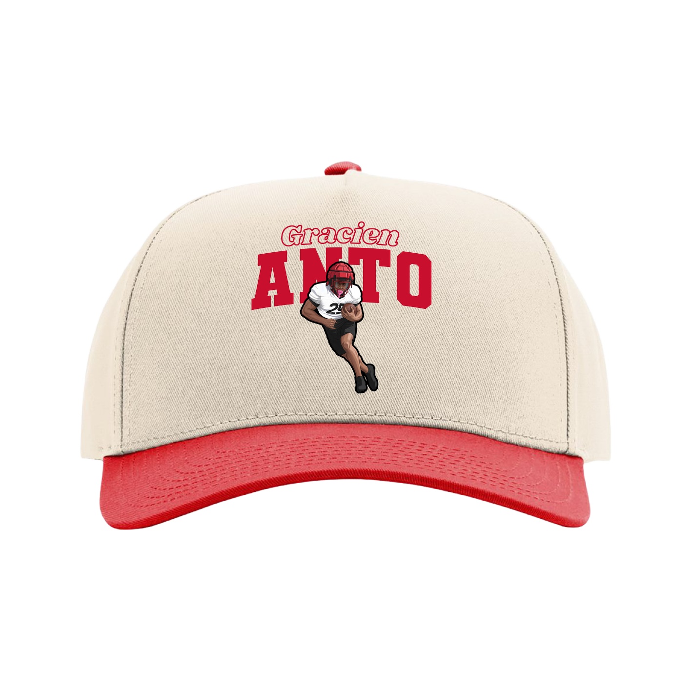 Full Fabric Five-Panel Champ Cap — Name Arch in Cream/Red