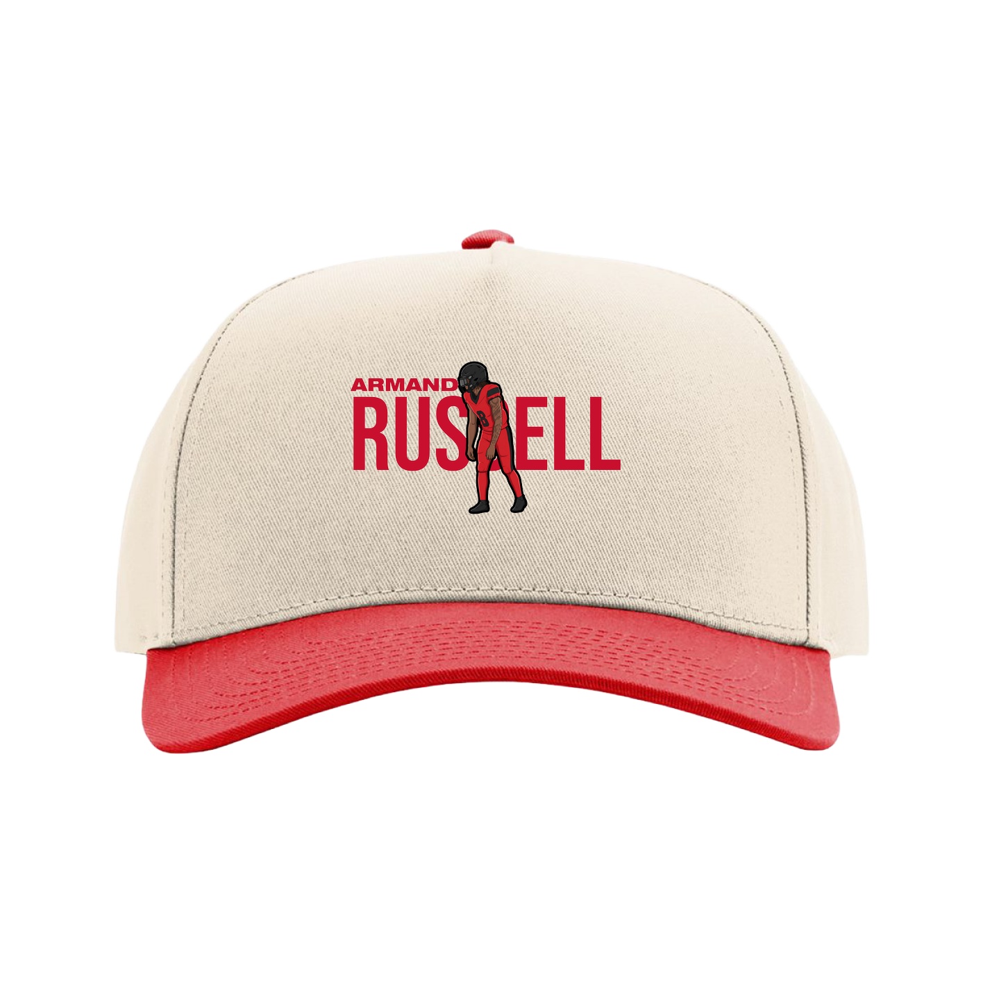 Full Fabric Five-Panel Champ Cap — Player Name in Cream/Red