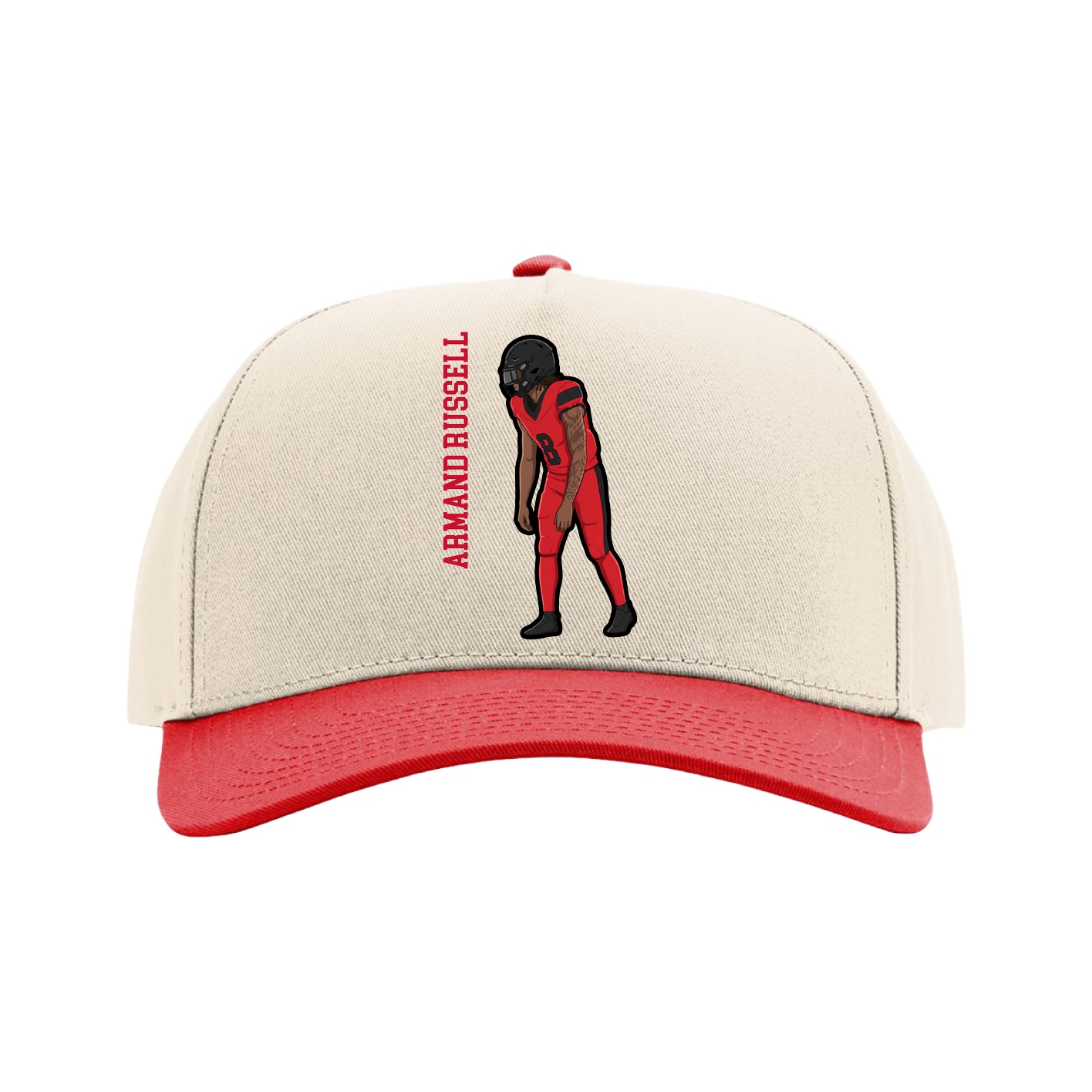 Full Fabric Five-Panel Champ Cap — Name Vertical in Cream/Red