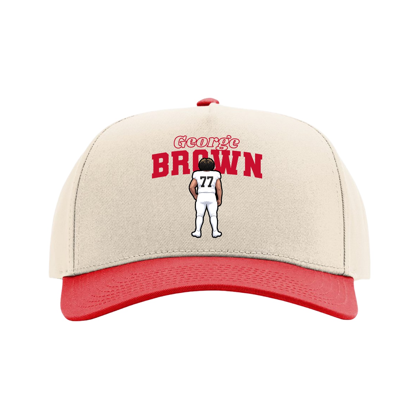 Full Fabric Five-Panel Champ Cap — Name Arch in Cream/Red