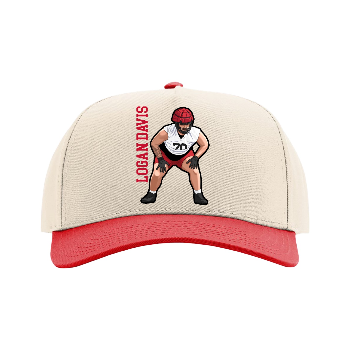 Full Fabric Five-Panel Champ Cap — Name Vertical in Cream/Red