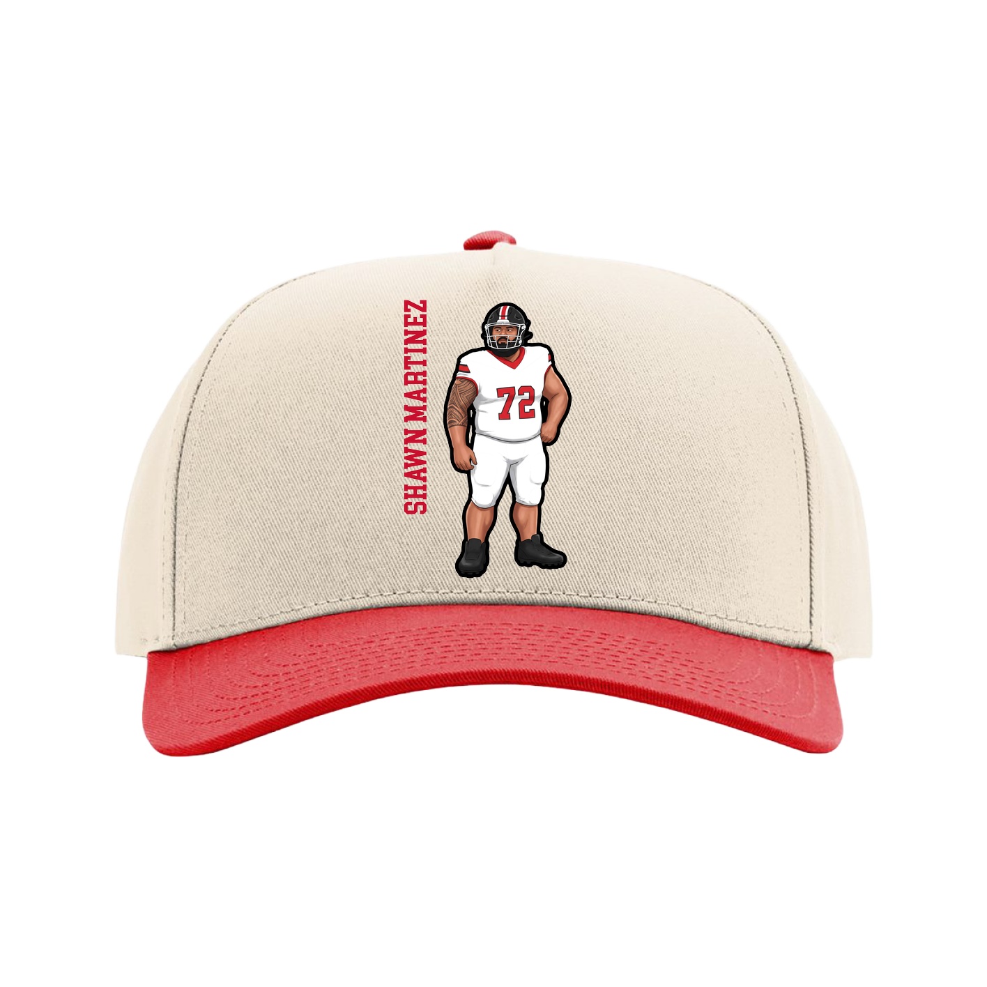 Full Fabric Five-Panel Champ Cap — Name Vertical in Cream/Red
