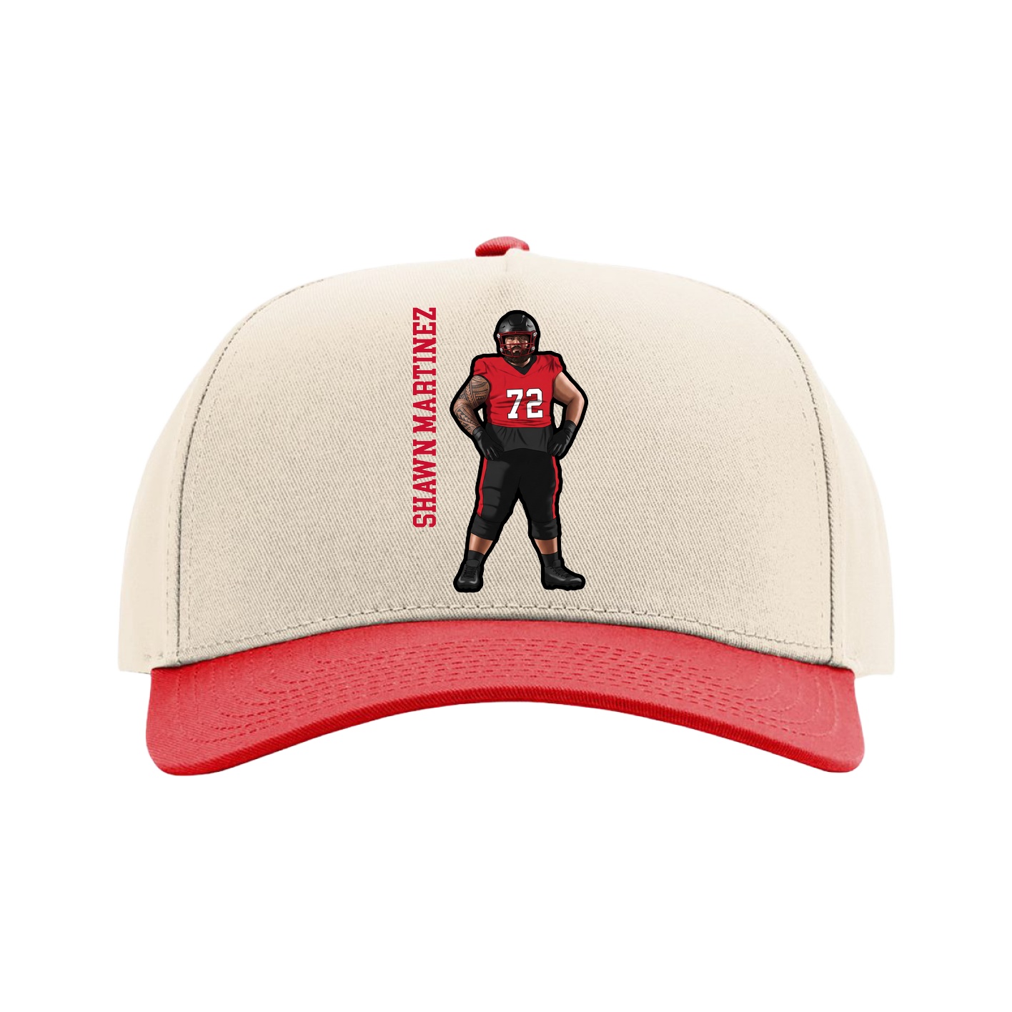 Full Fabric Five-Panel Champ Cap — Name Vertical in Cream/Red