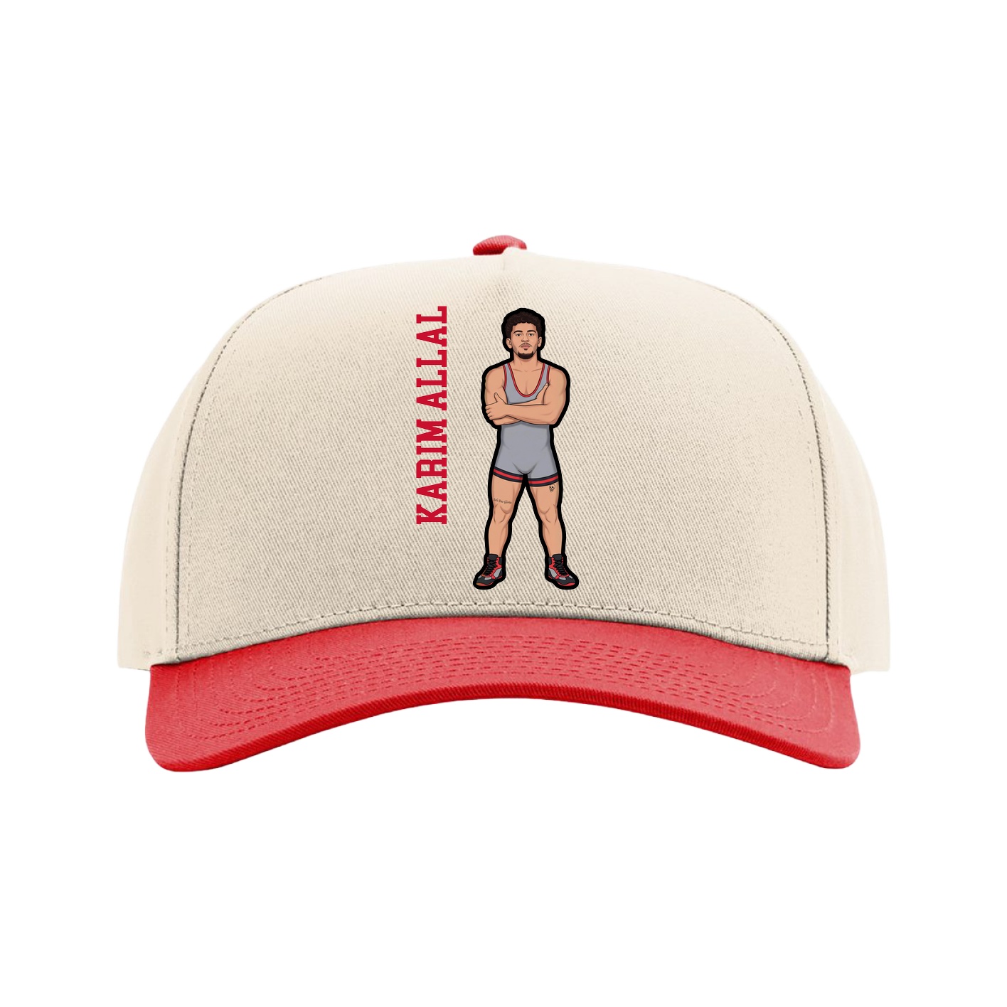 Full Fabric Five-Panel Champ Cap — Name Vertical in Cream/Red