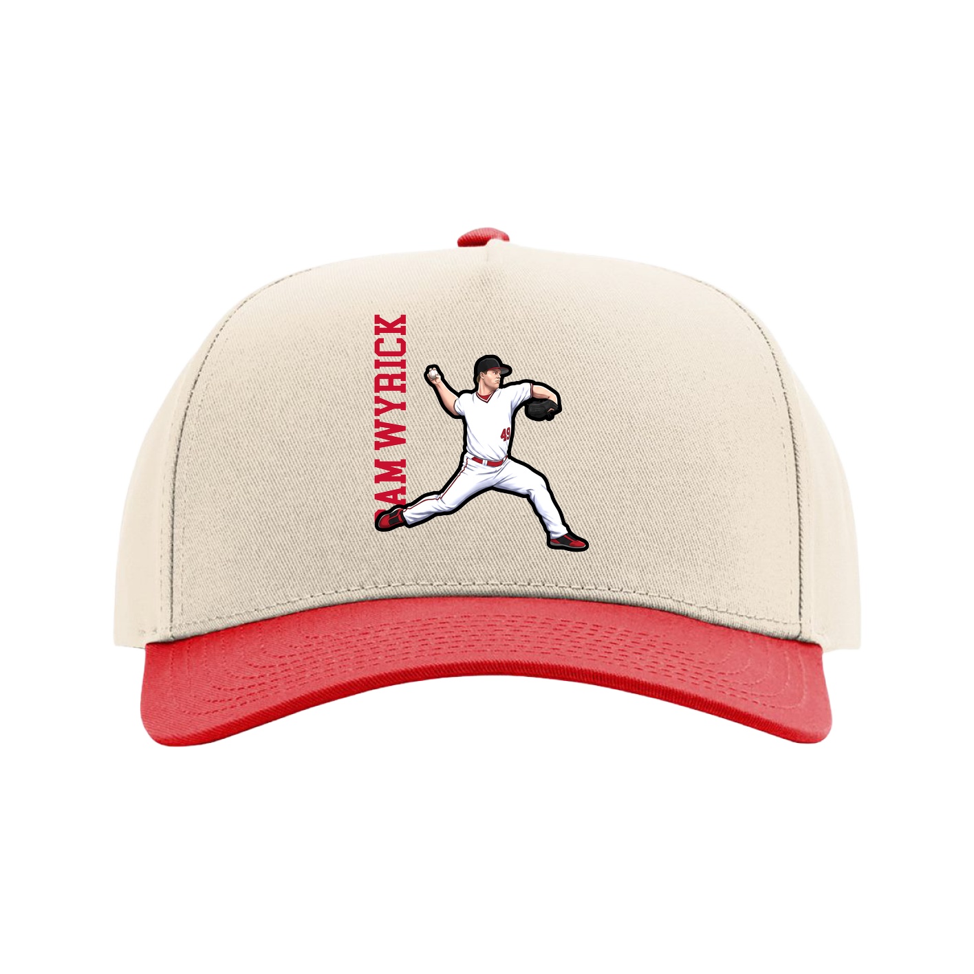 Full Fabric Five-Panel Champ Cap — Name Vertical in Cream/Red