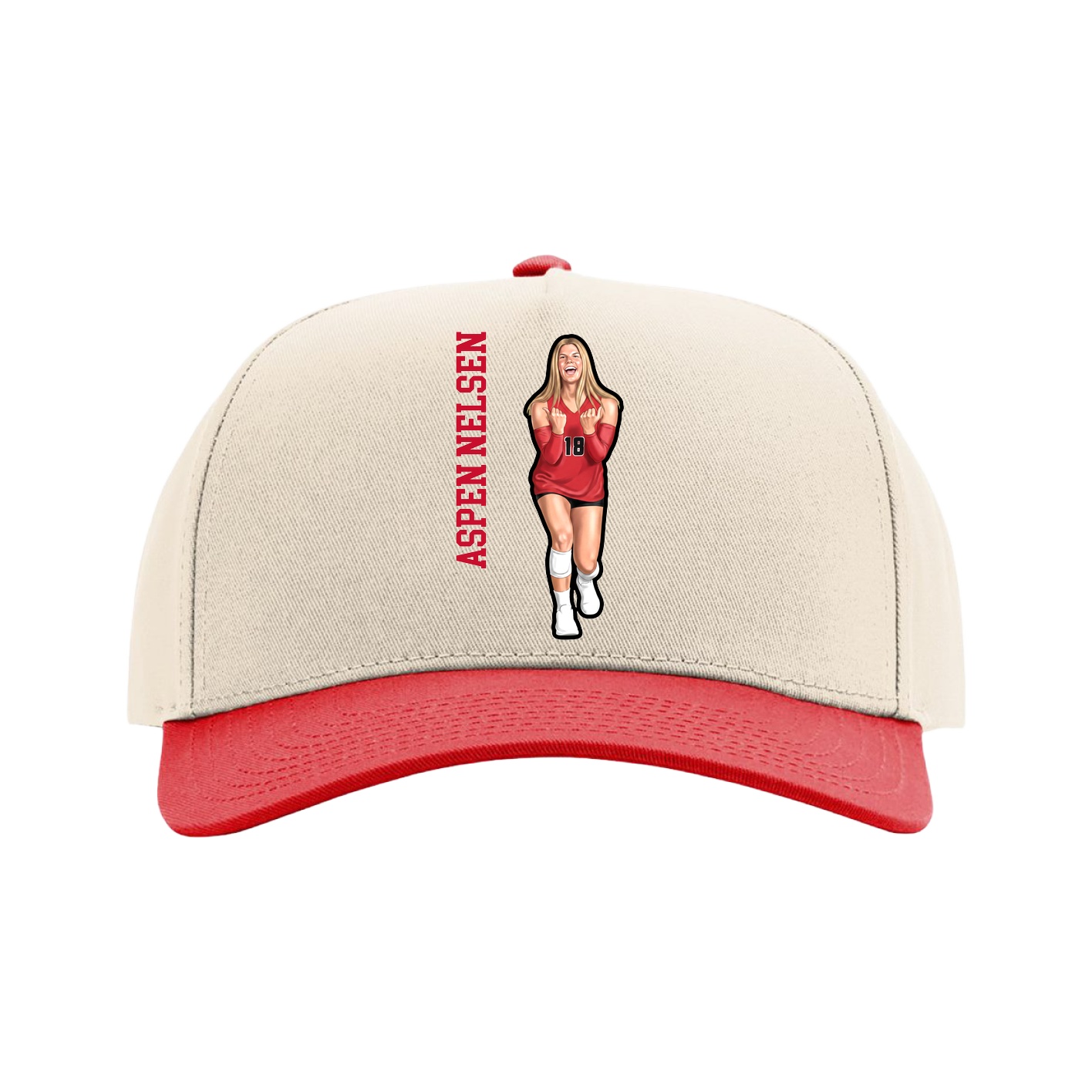 Full Fabric Five-Panel Champ Cap — Name Vertical in Cream/Red