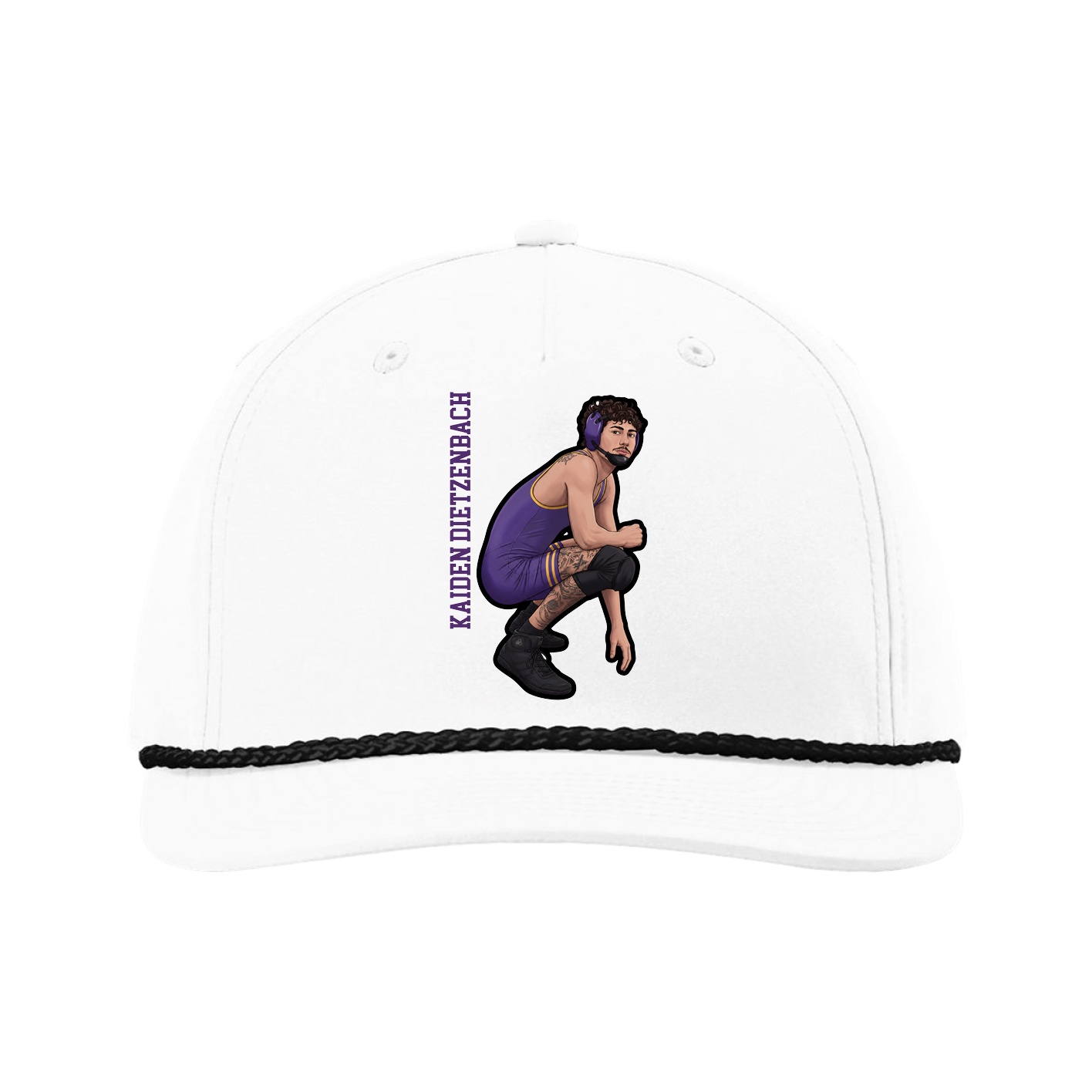 Five-Panel Classic Rope Cap — Name Vertical in White