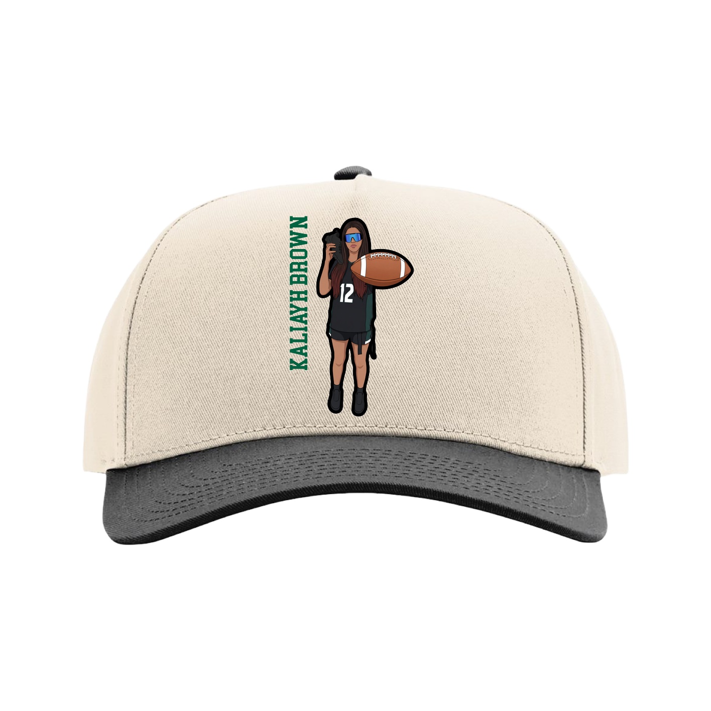 Full Fabric Five-Panel Champ Cap — Name Vertical in Cream/Black