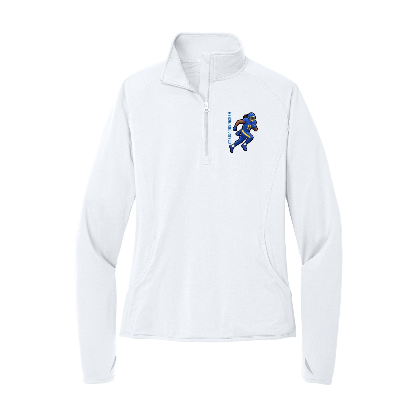 Women's Q-Zip Pullover — Name Vertical in White