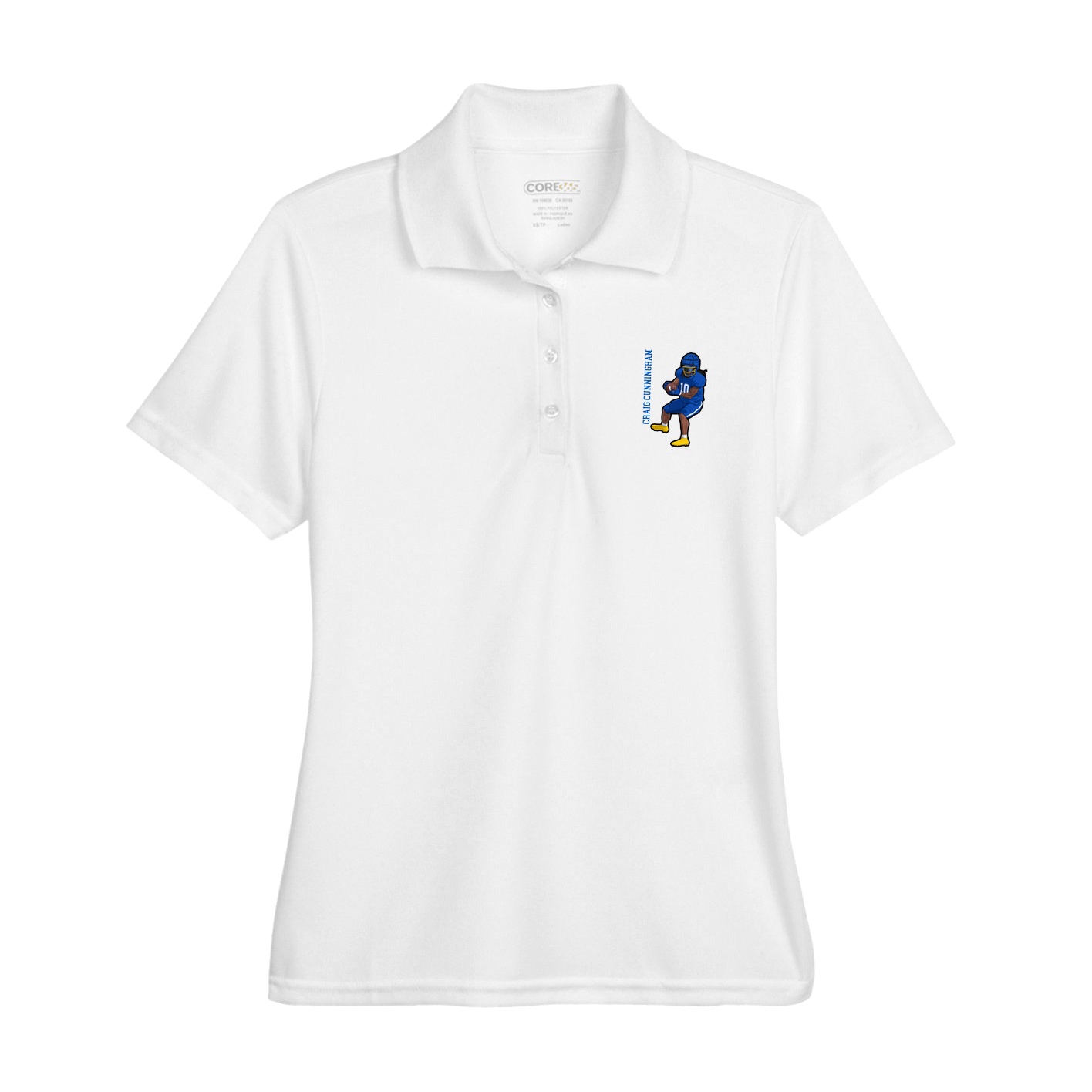 Womens Performance Polo — Name Vertical in White