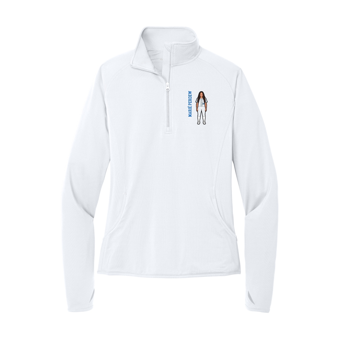 Women's Q-Zip Pullover — Name Vertical in White