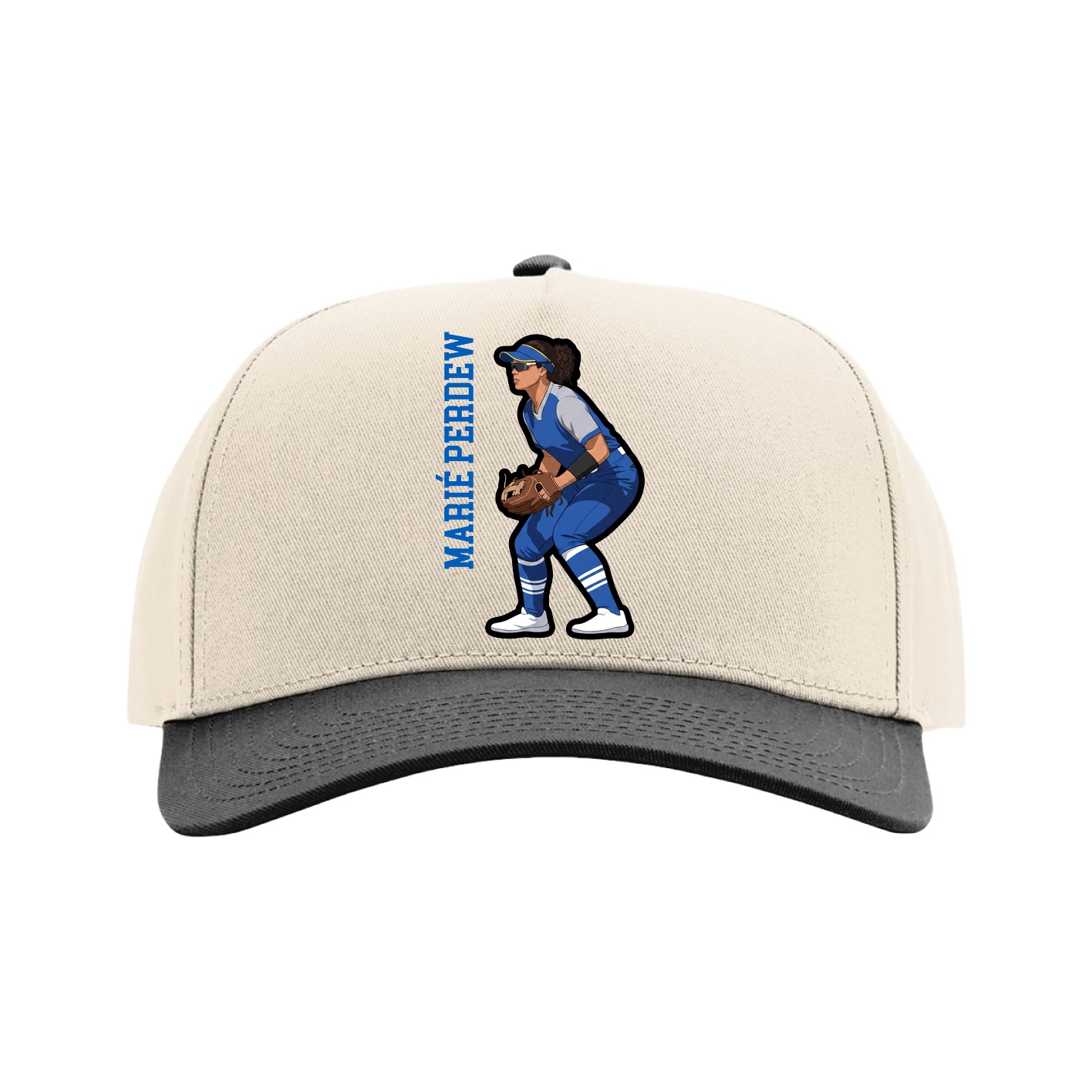 Full Fabric Five-Panel Champ Cap — Name Vertical in Cream/Black