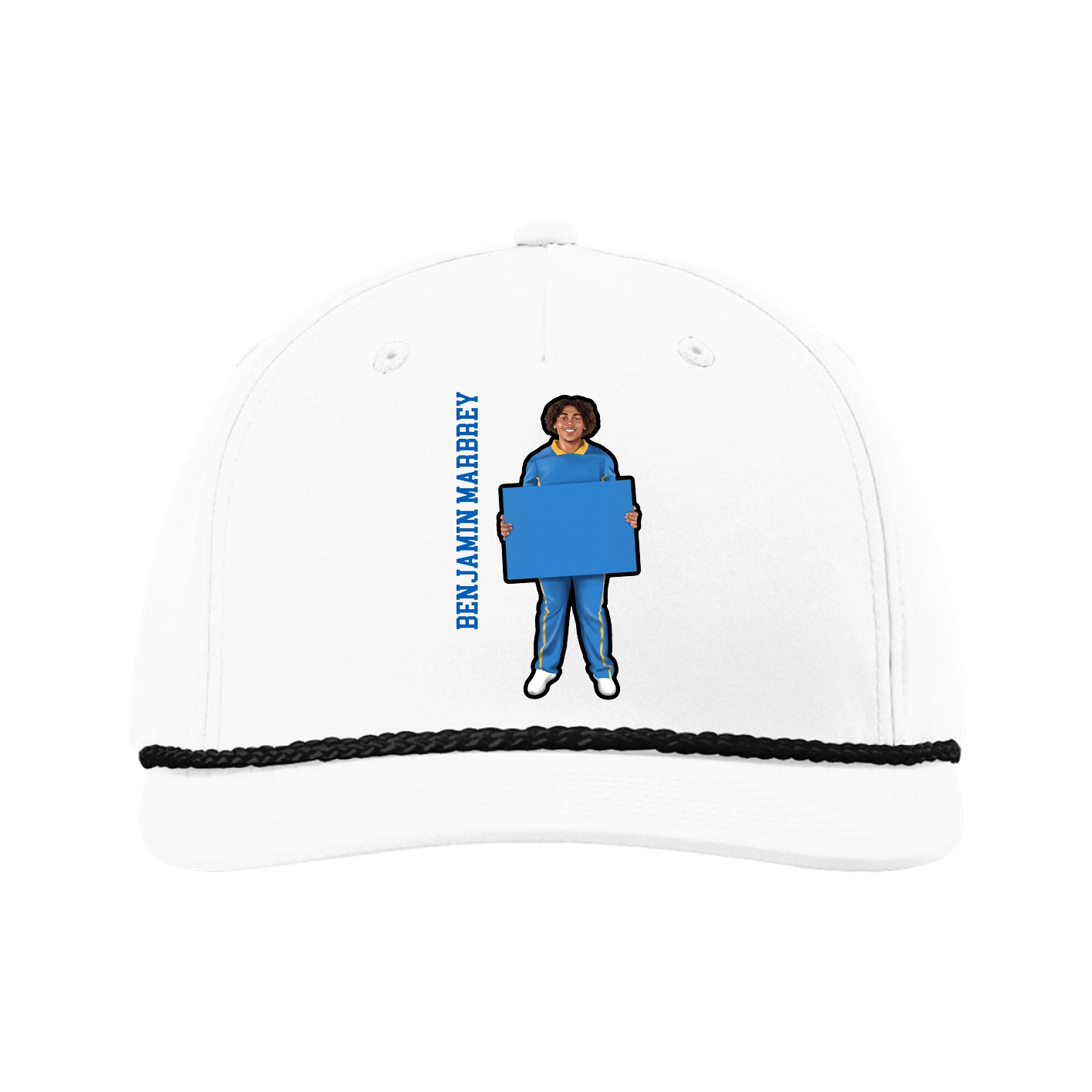 Five-Panel Classic Rope Cap — Name Vertical in White