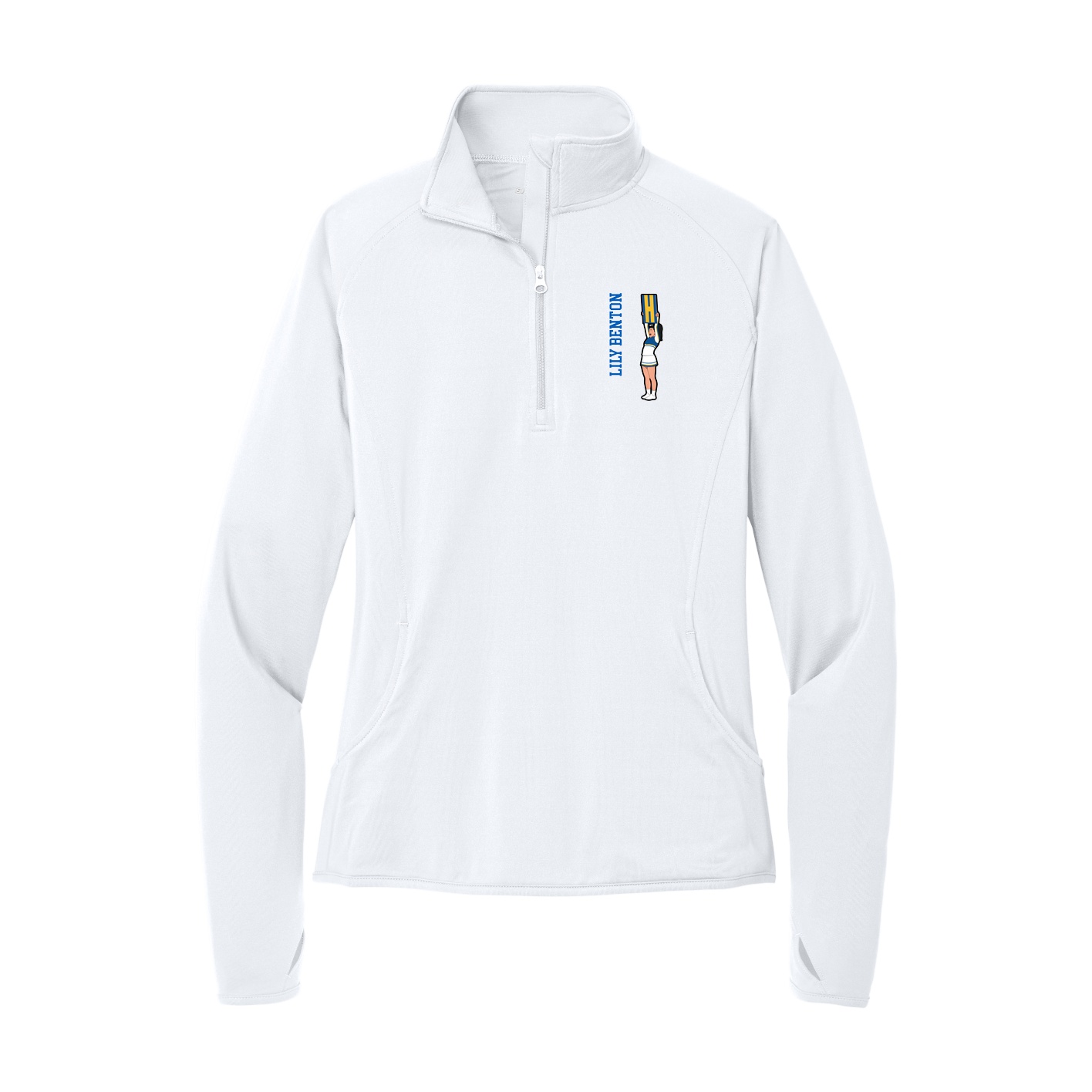 Women's Q-Zip Pullover — Name Vertical in White
